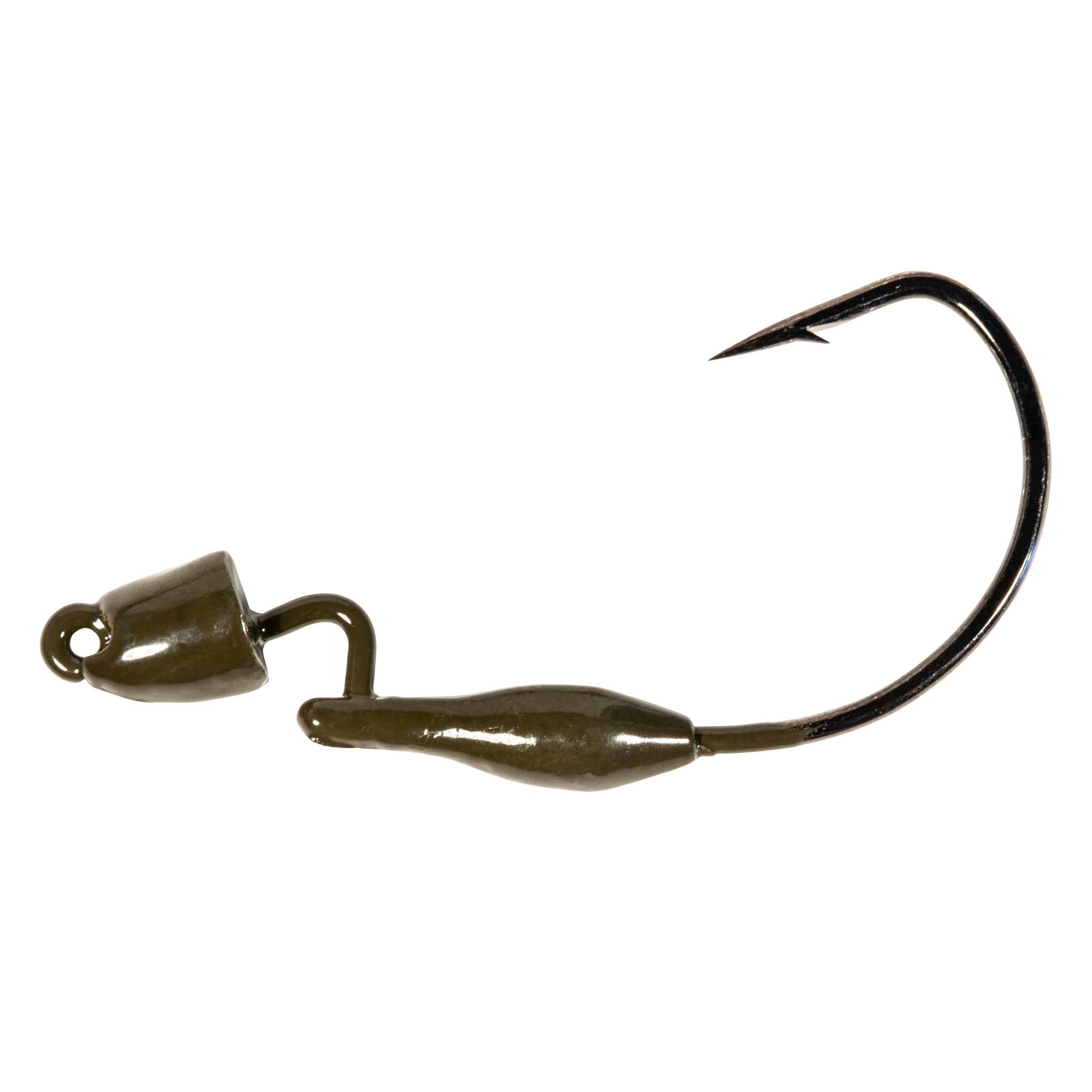 Olive-green fishing jig with bullet-shaped body and offset hook