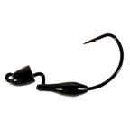 Black fishing jig with bullet-shaped body and offset hook