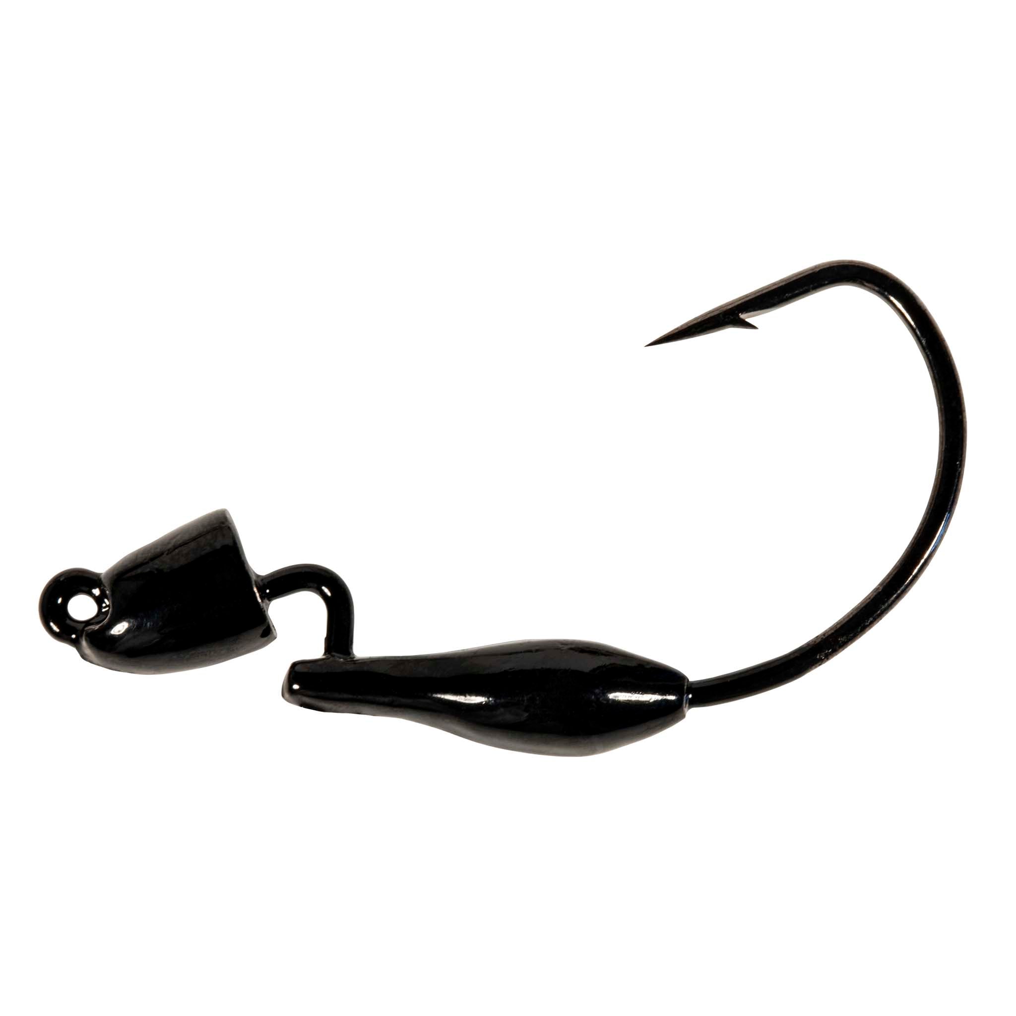 Black fishing jig with bullet-shaped body and offset hook