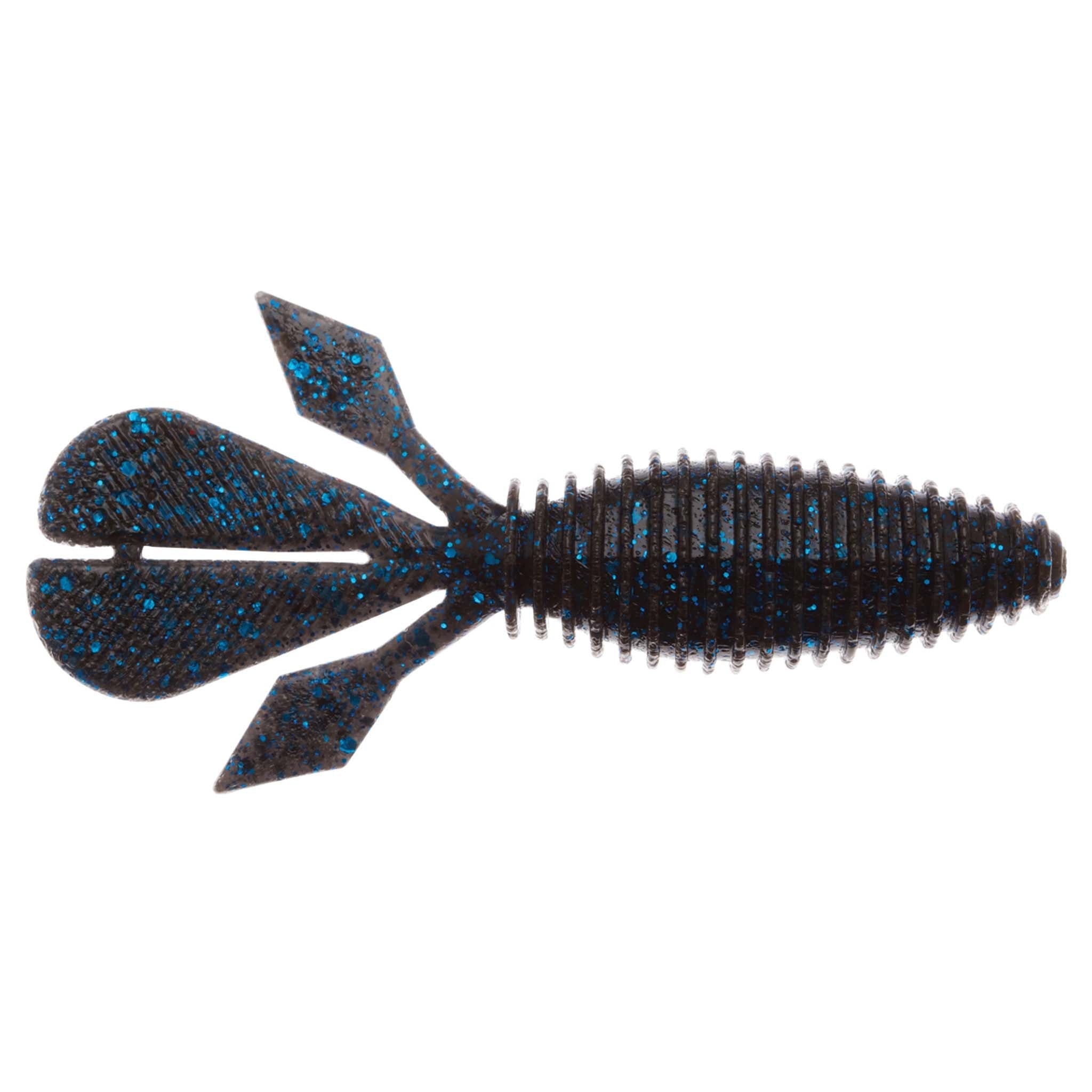 Palmetto BugZ soft plastic fishing lure, blue glitter with ribbed body and paddle fins