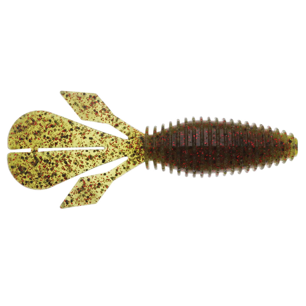 Palmetto BugZ soft plastic fishing lure, yellow with red speckles, ribbed body and paddle fins
