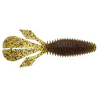 Palmetto BugZ soft plastic fishing lure, yellow with red speckles, ribbed body and paddle fins
