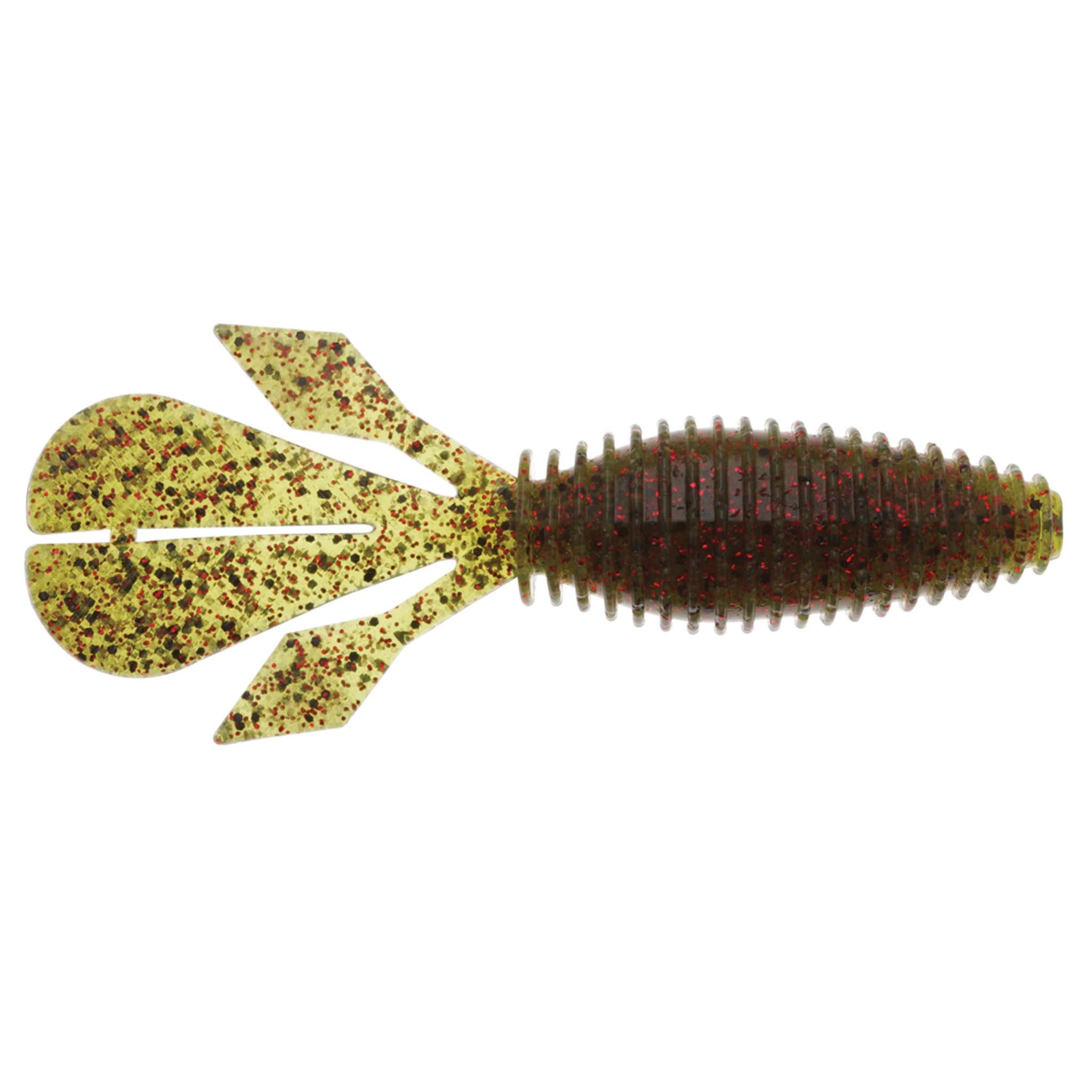 Palmetto BugZ soft plastic fishing lure, yellow with red speckles, ribbed body and paddle fins