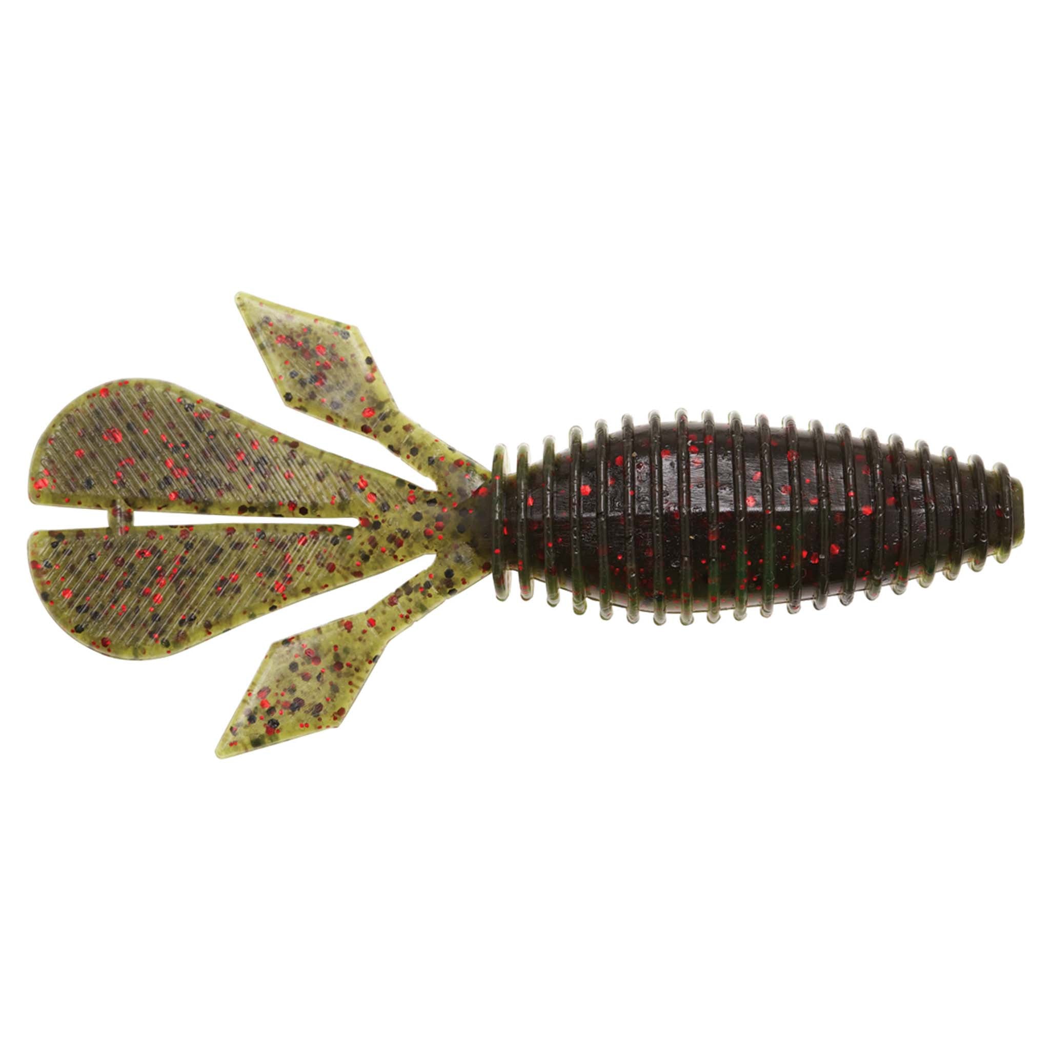 Palmetto BugZ soft plastic fishing lure, olive-gray with red speckles, ribbed body and fins