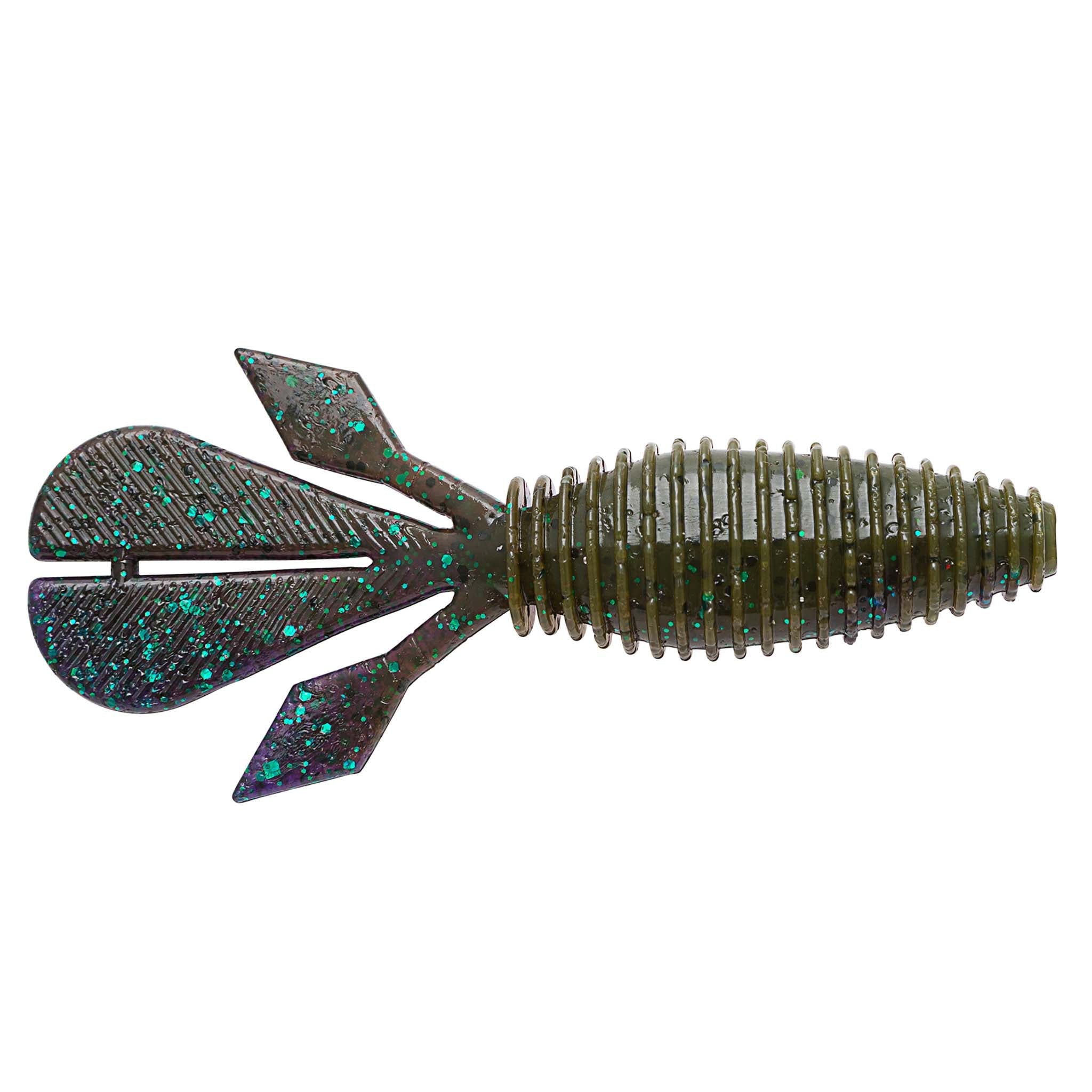 Palmetto BugZ soft plastic fishing lure, dark teal-black glitter with ribbed body and paddle fins
