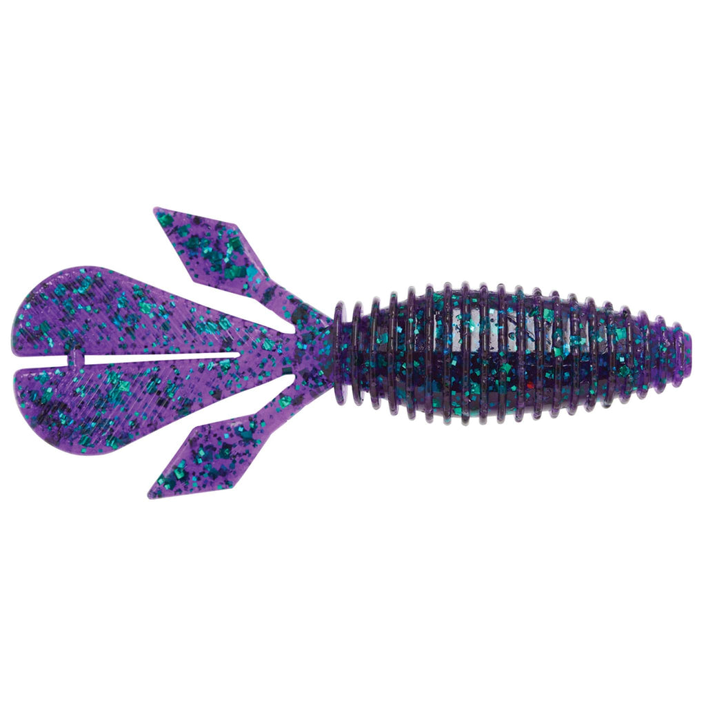 Palmetto BugZ soft plastic fishing lure, purple-blue glitter with ribbed body and paddle fins