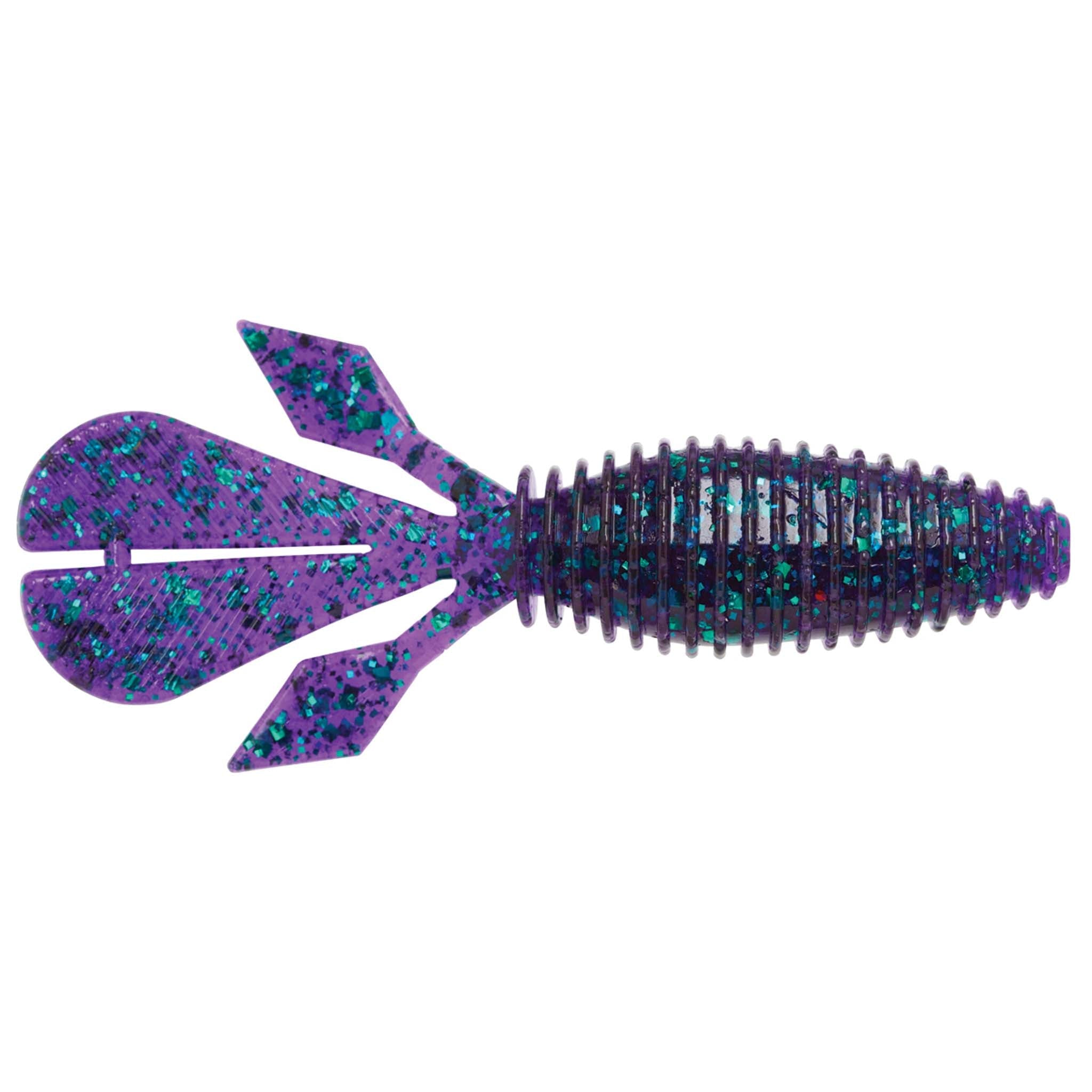 Palmetto BugZ soft plastic fishing lure, purple-blue glitter with ribbed body and paddle fins