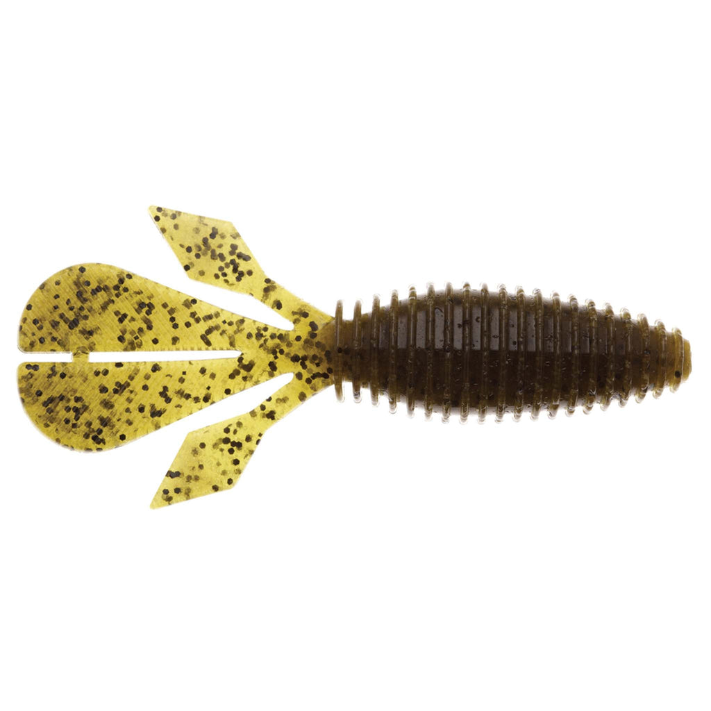Palmetto BugZ soft plastic fishing lure, gold-yellow with dark speckles, ribbed body and fins