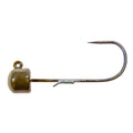 Olive-green jig head with curved fishing hook and small wire guard