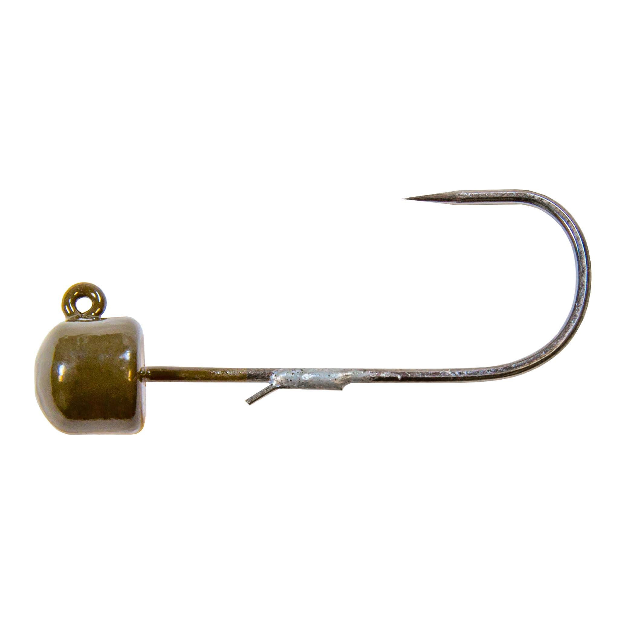 Olive-green jig head with curved fishing hook and small wire guard