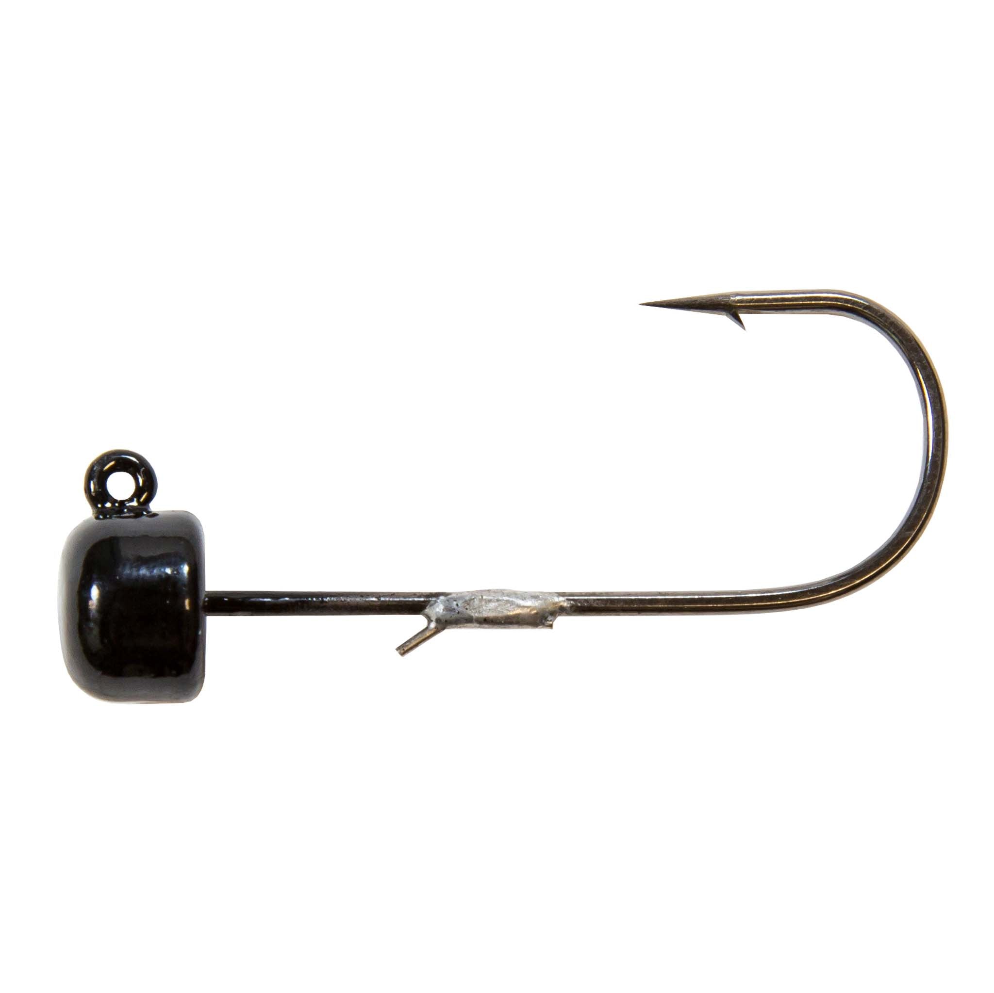 Black jig head with curved fishing hook and small wire guard