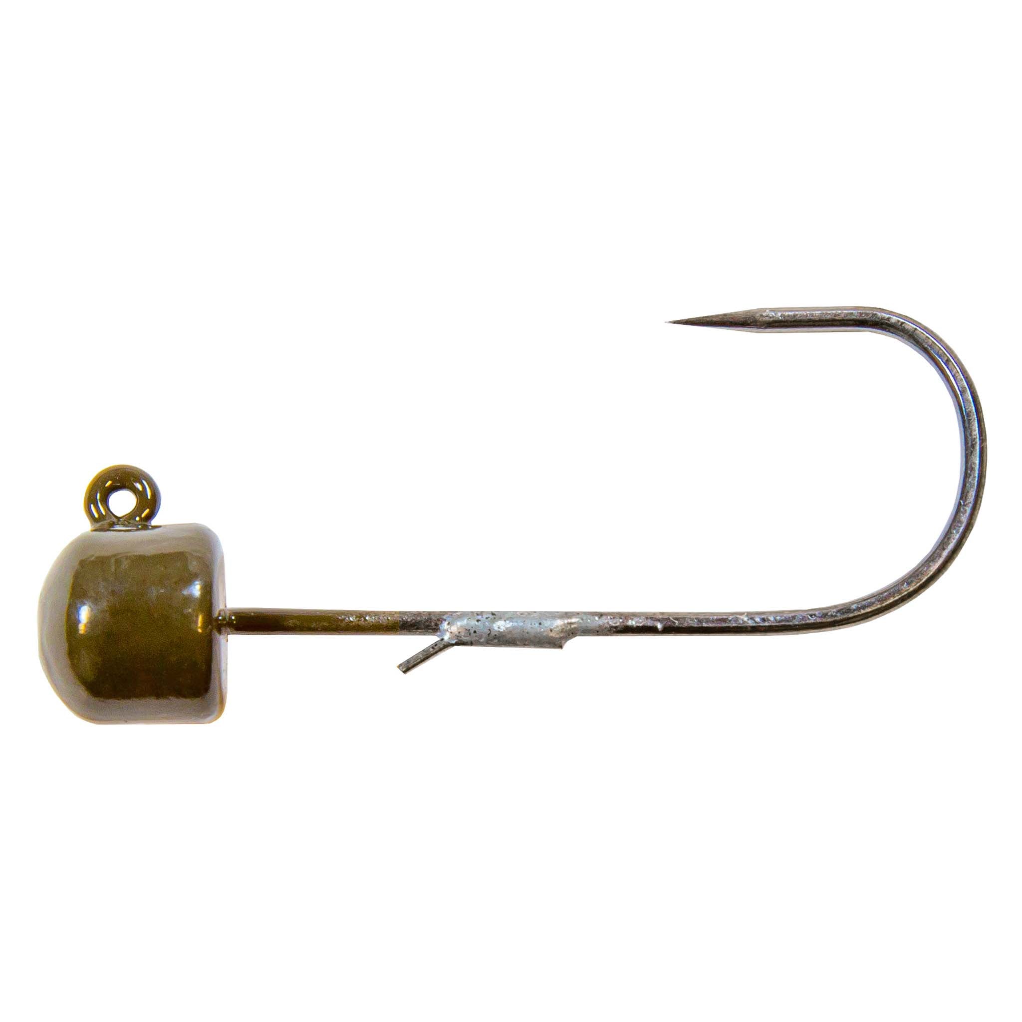 Olive-green jig head with curved hook, showing front eyelet