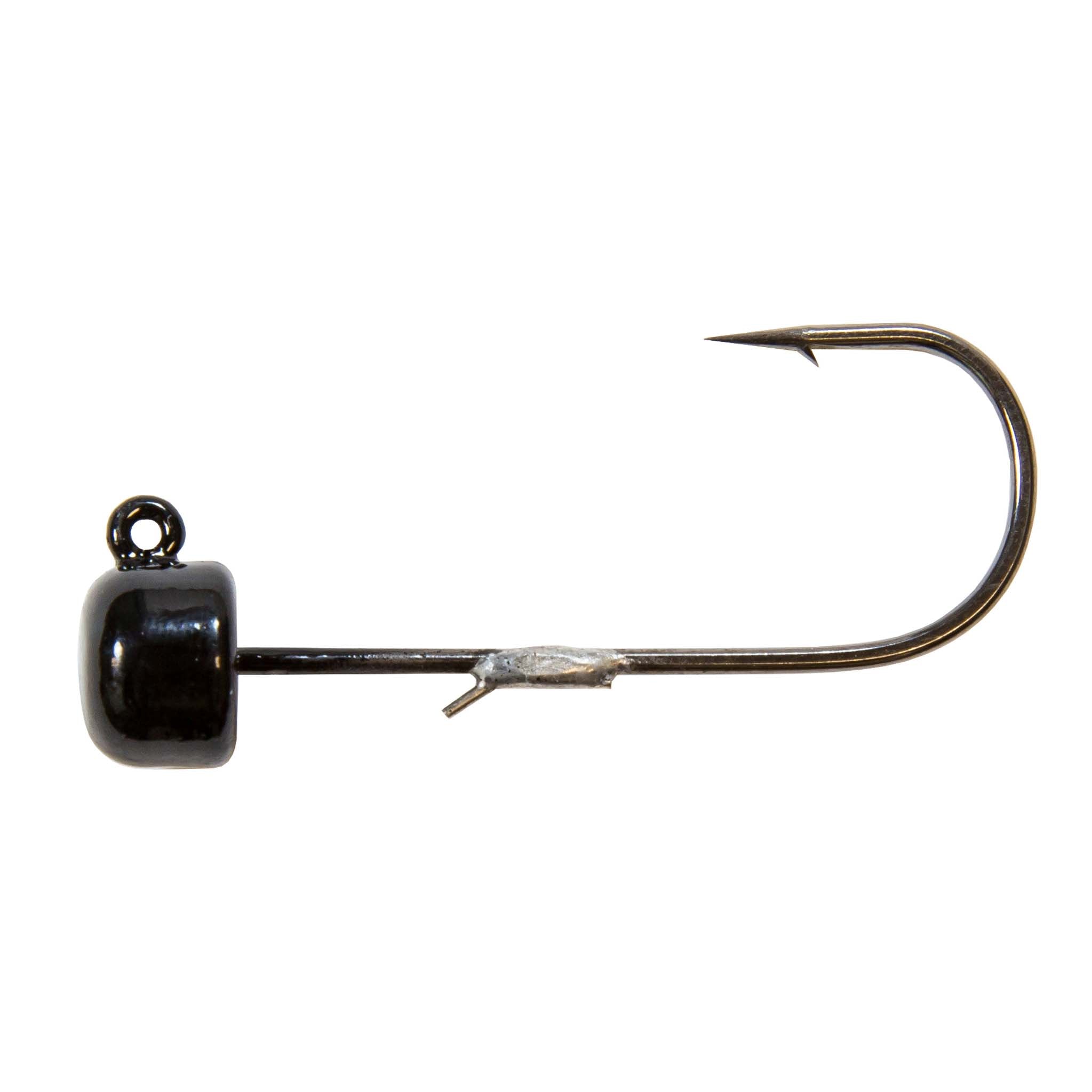 Black jig head with curved hook, showing front eyelet