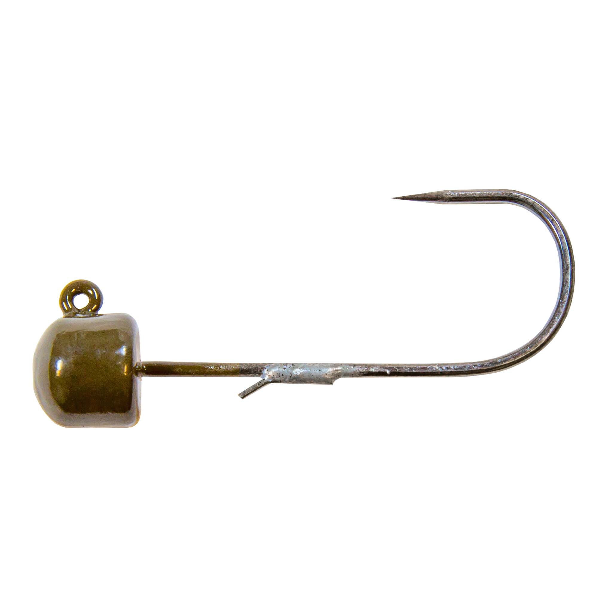 Olive-green jig head with curved fishing hook and barbed point