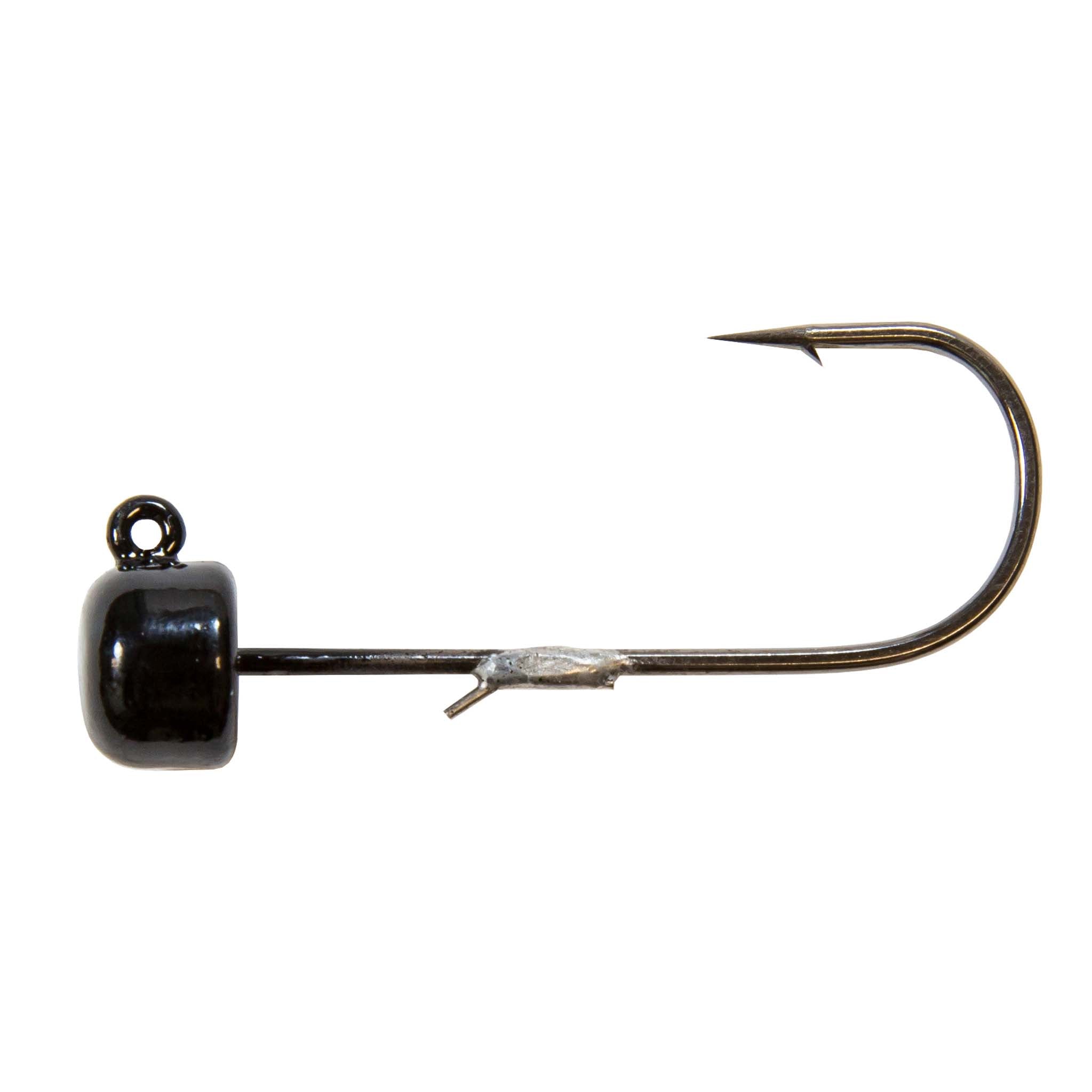 Black jig head with curved fishing hook and barbed point