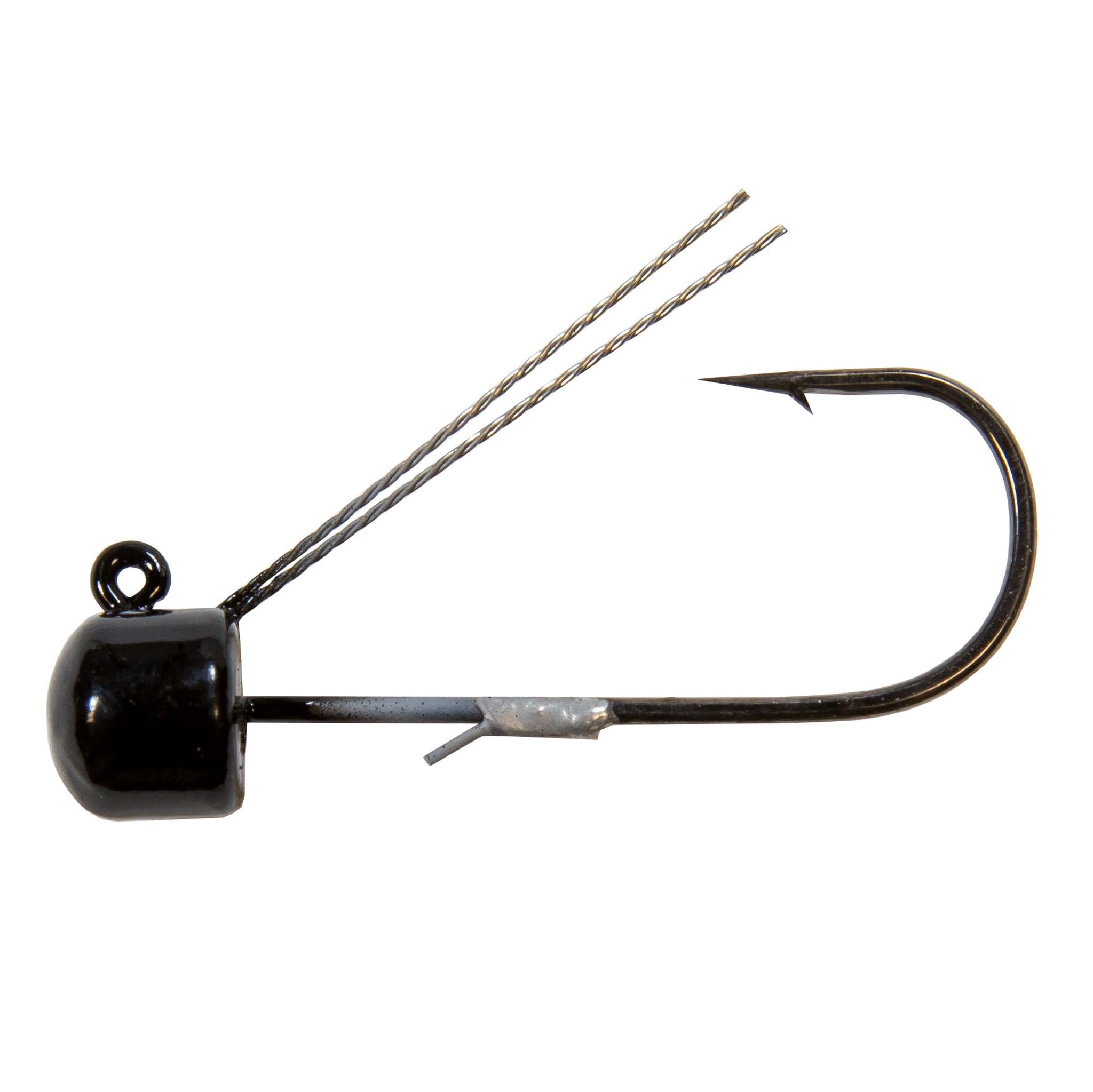 Black weedless jig hook with wire bait guard and two metal strands