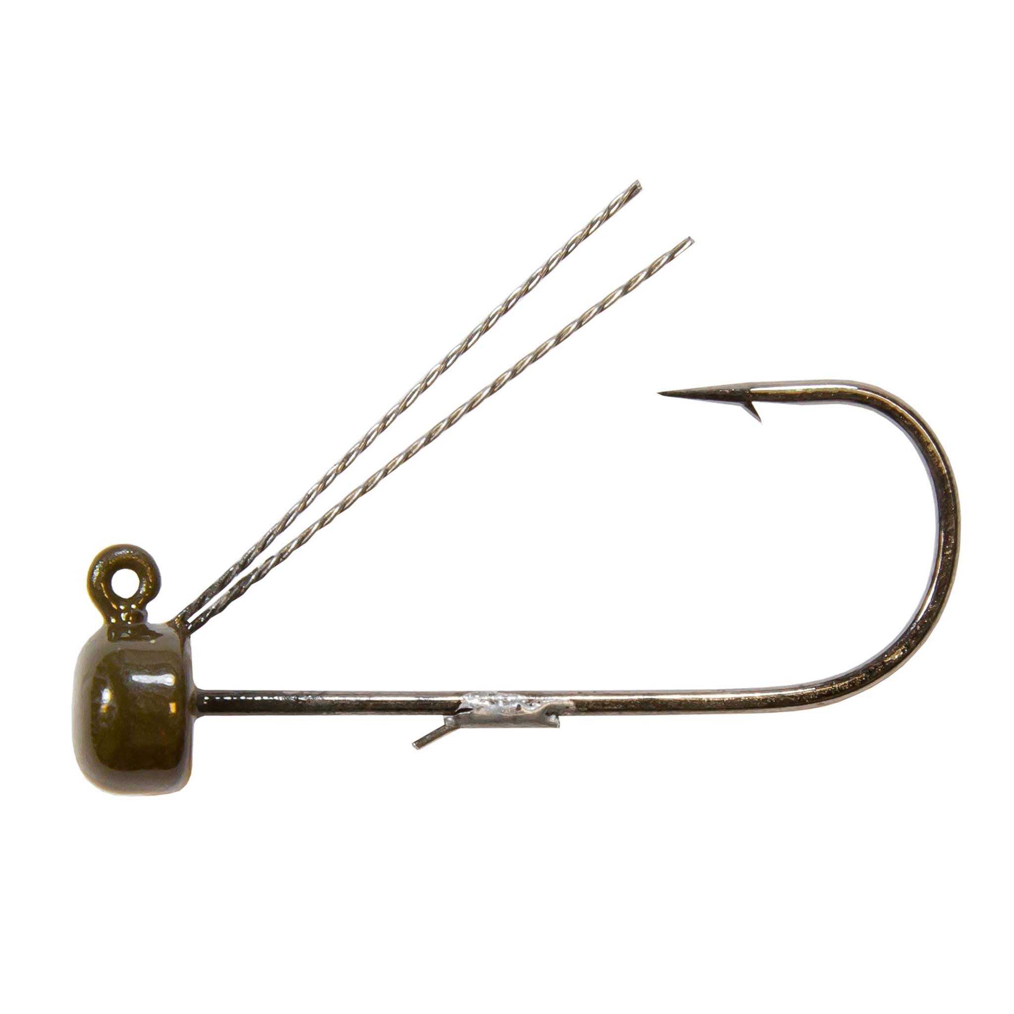 Olive-green weedless jig hook, side view, with wire bait guard and two strands