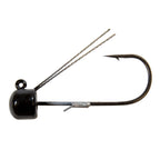 Black weedless jig hook with wire bait guard and two metal strands, angled
