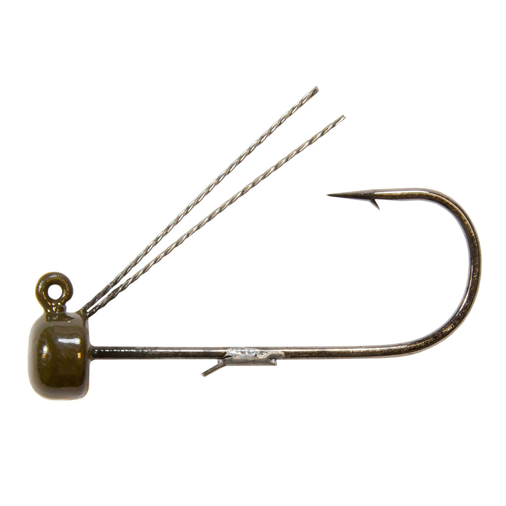 Olive-green weedless jig hook with wire bait guard and two metal strands, angled