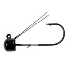 Black weedless jig hook, side view, with wire bait guard and two strands