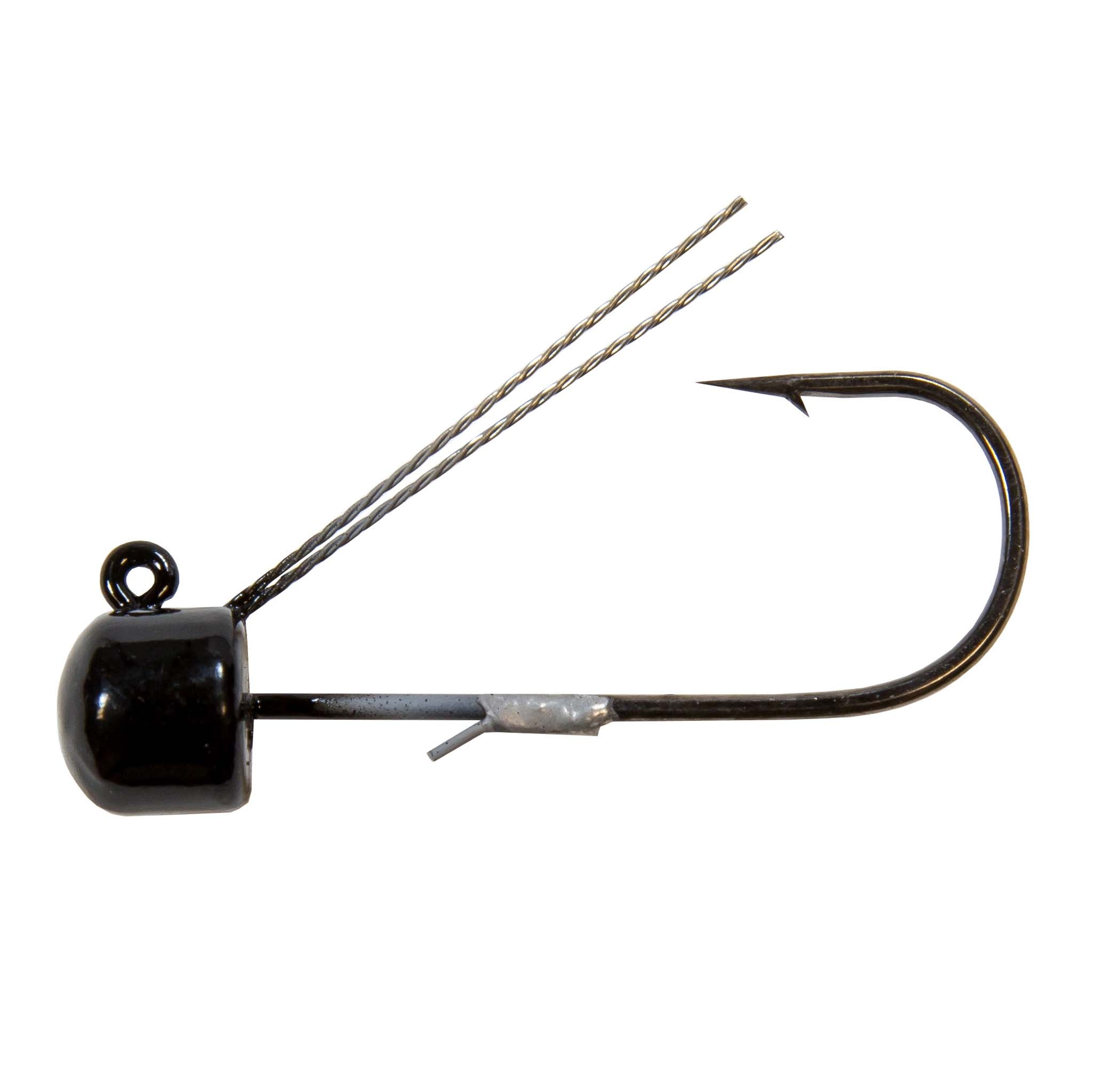 Black weedless jig hook, side view, with wire bait guard and two strands
