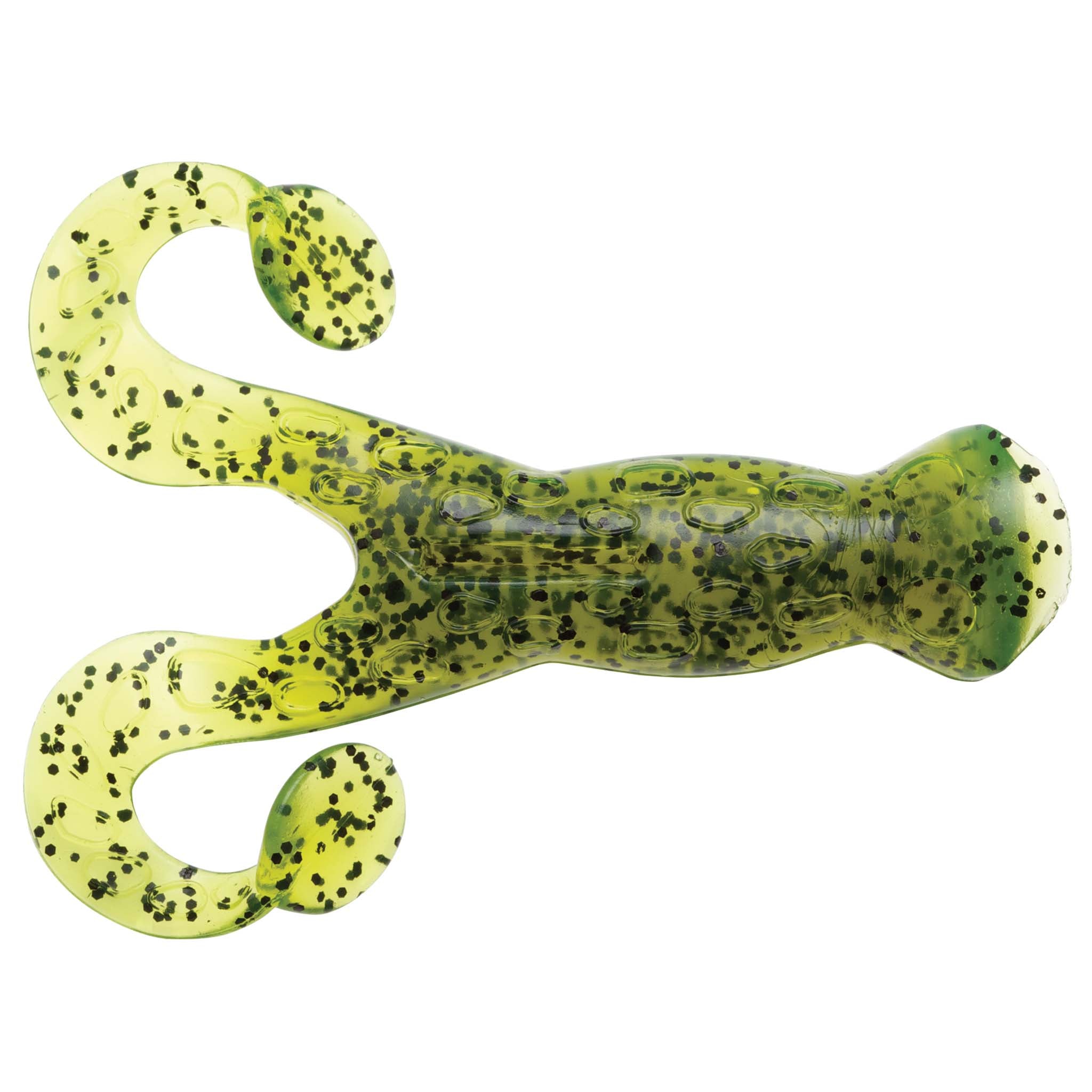 Green pumpkin soft plastic frog lure with speckled finish and curled legs
