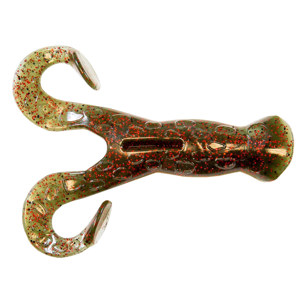 Redbone soft plastic frog lure with red speckles and curled legs
