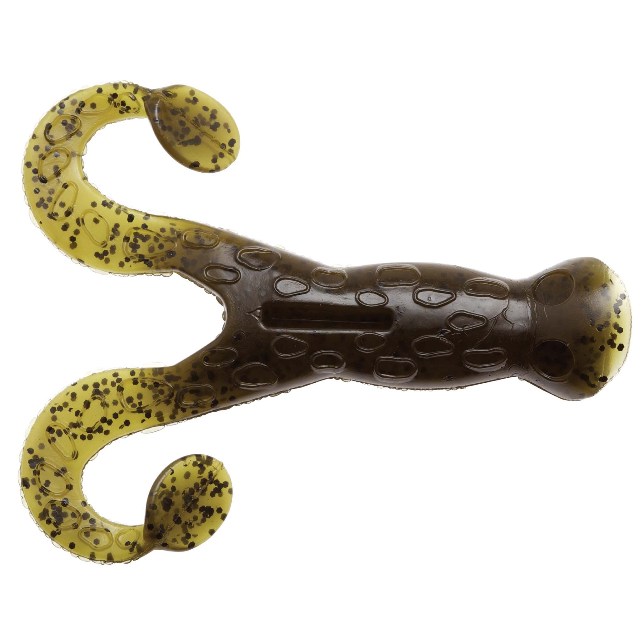 Green pumpkin soft plastic frog lure in dark olive with speckled curled legs