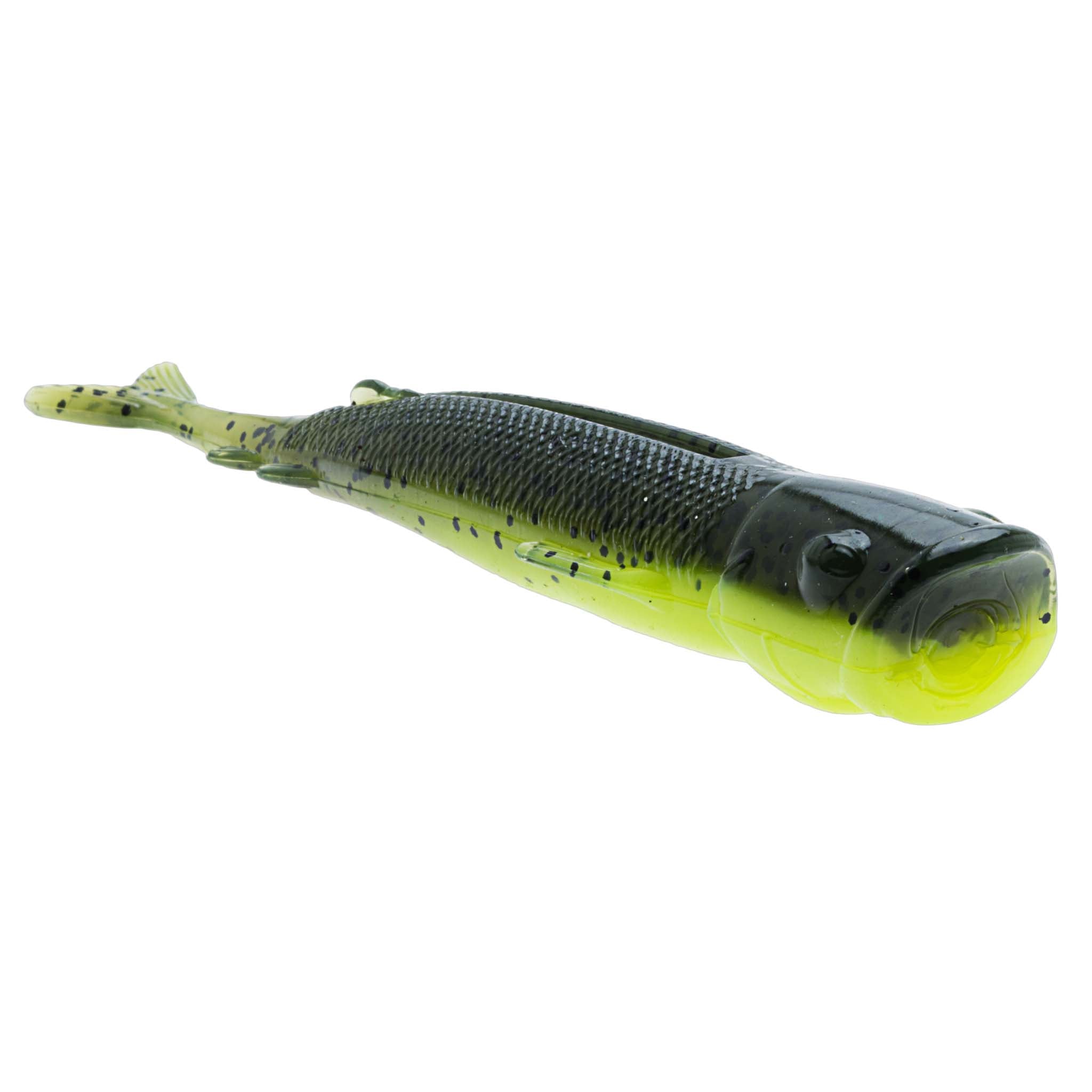 Chartreuse belly shad soft plastic lure with dark green top and fin details