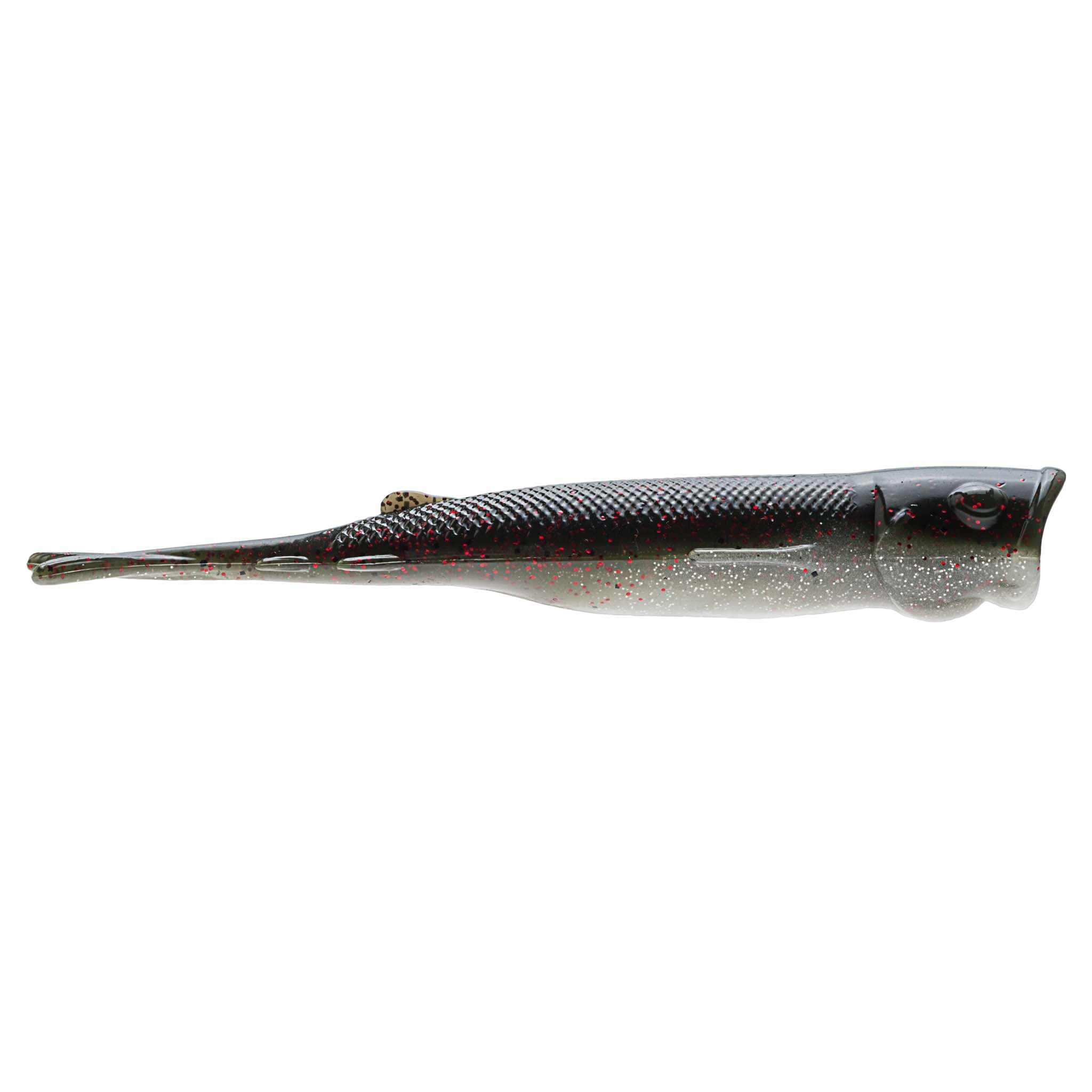 Red-and-silver shad soft plastic lure with dark speckles and slender tail
