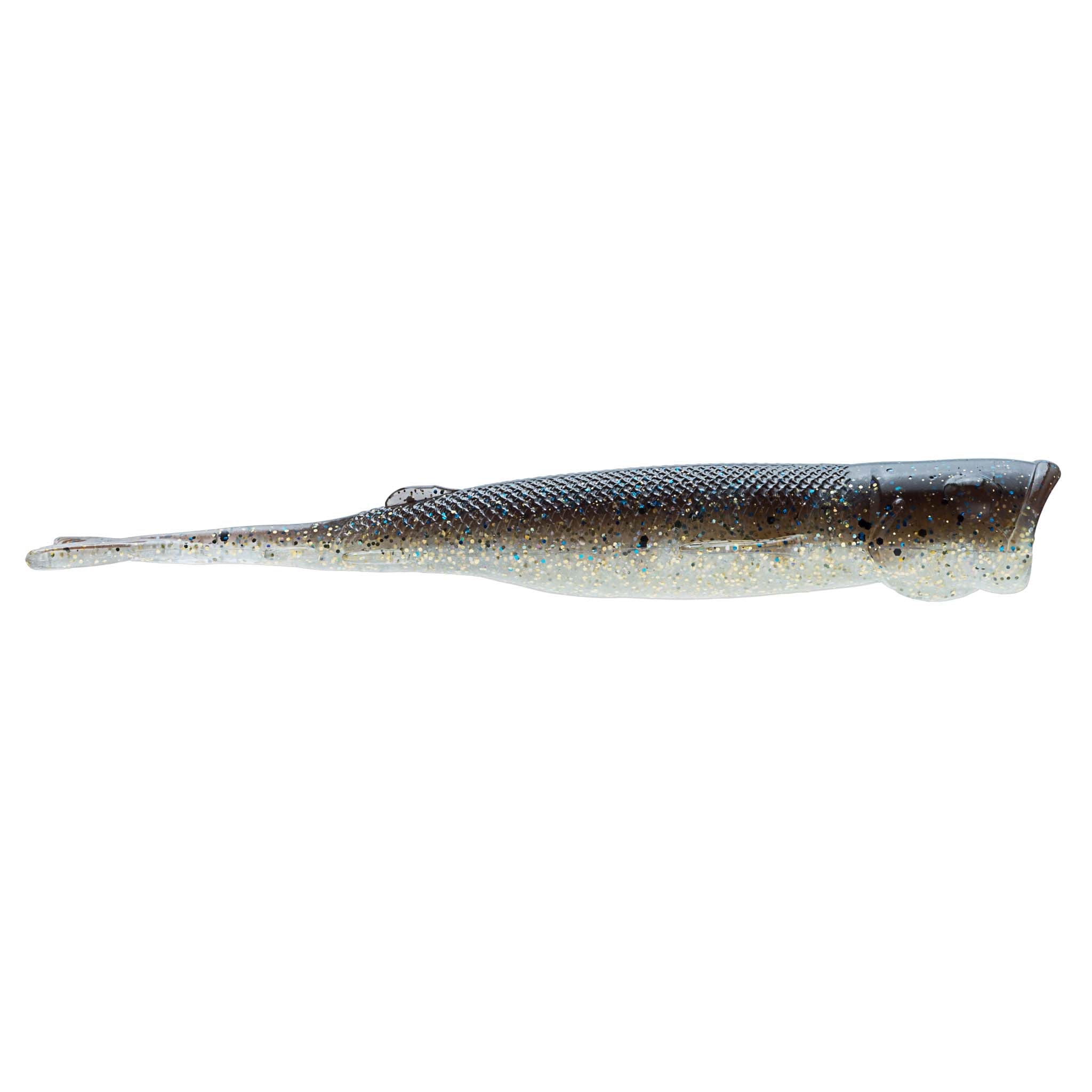 Blue-silver glitter shad soft plastic lure with speckled pattern and tapered tail