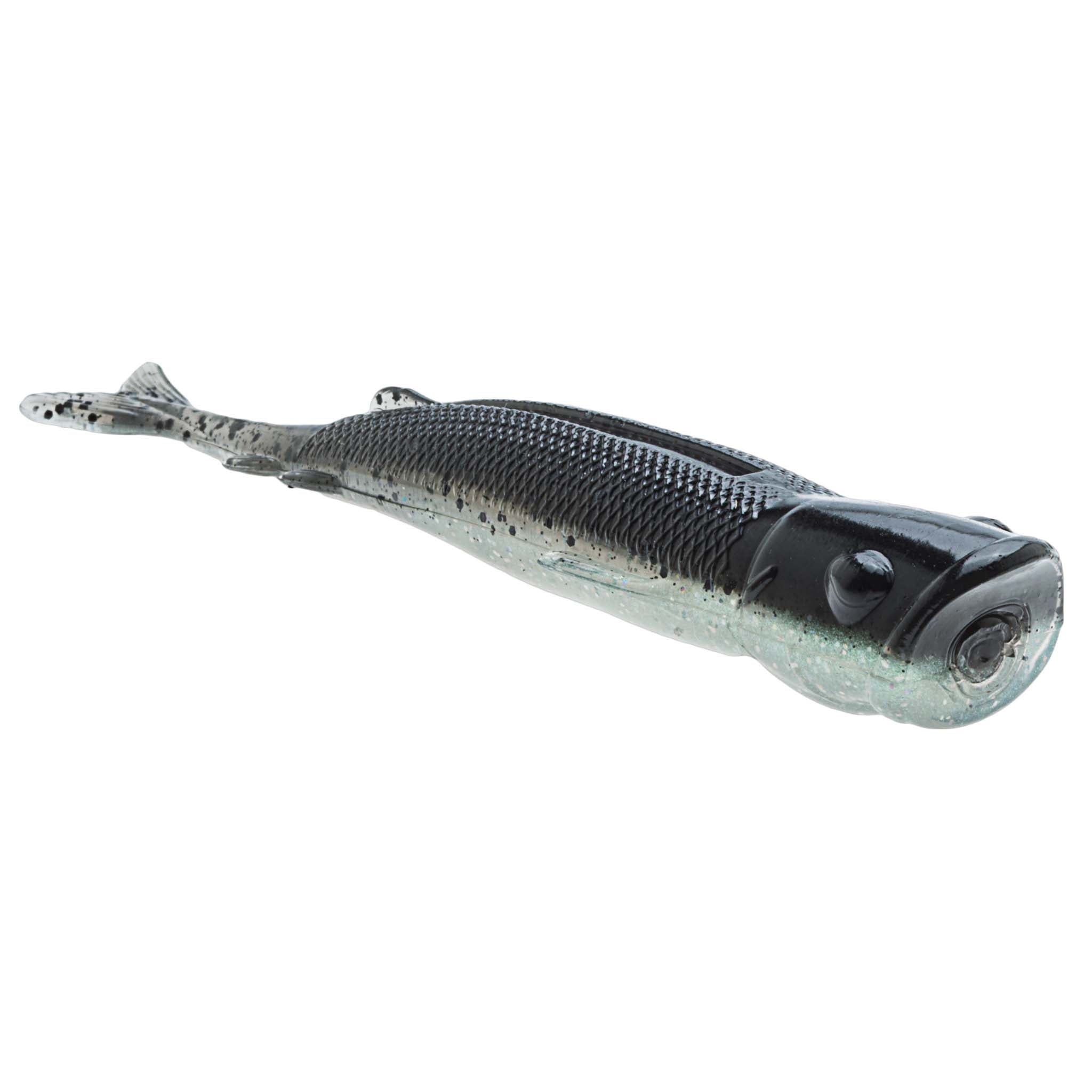 Grey shad soft plastic lure with black head, silver sides, speckled scales
