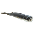 Shad-style fishing lure, dark gray body with clear belly and black head