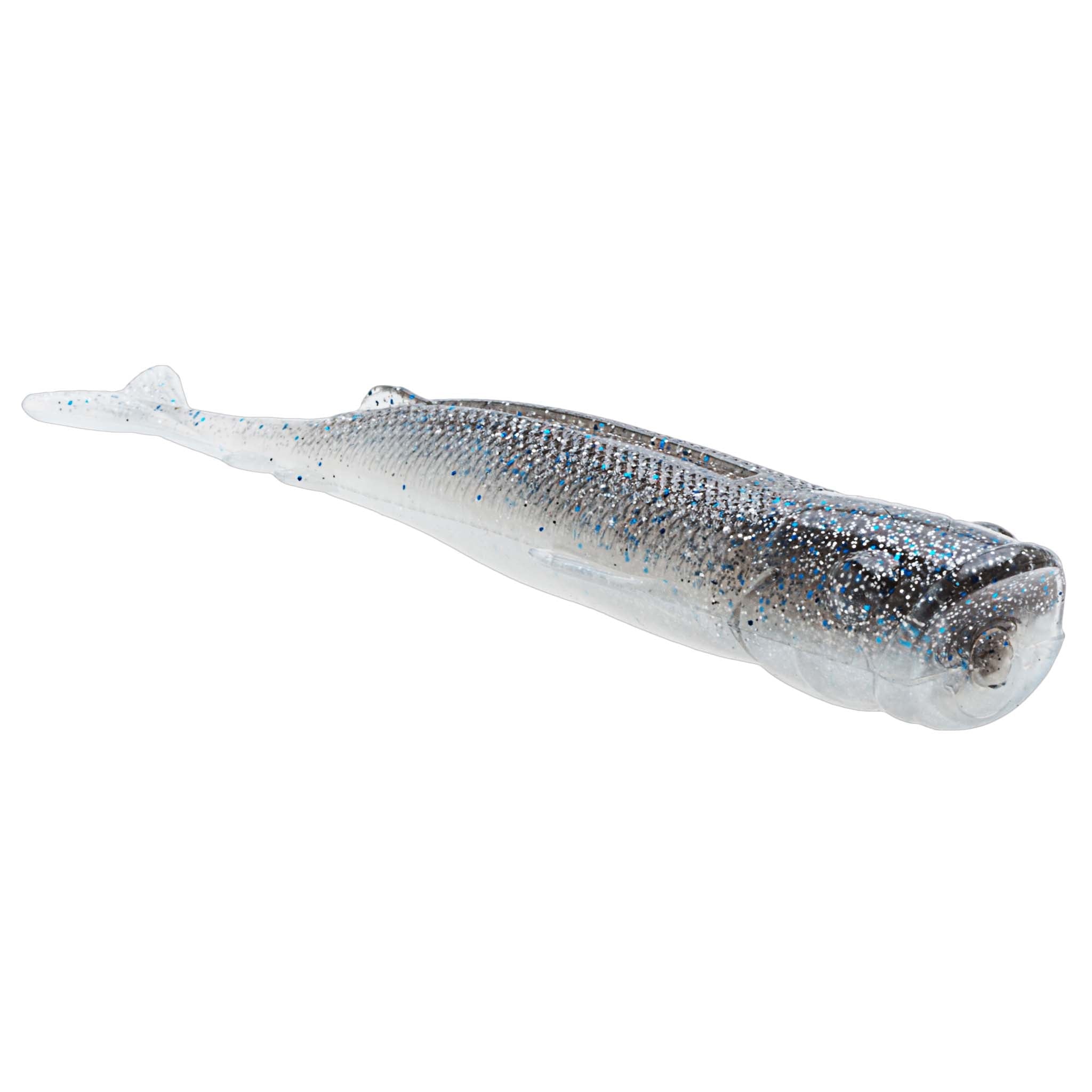 Silver-blue soft plastic shad lure, dark-speckled back, curled tail