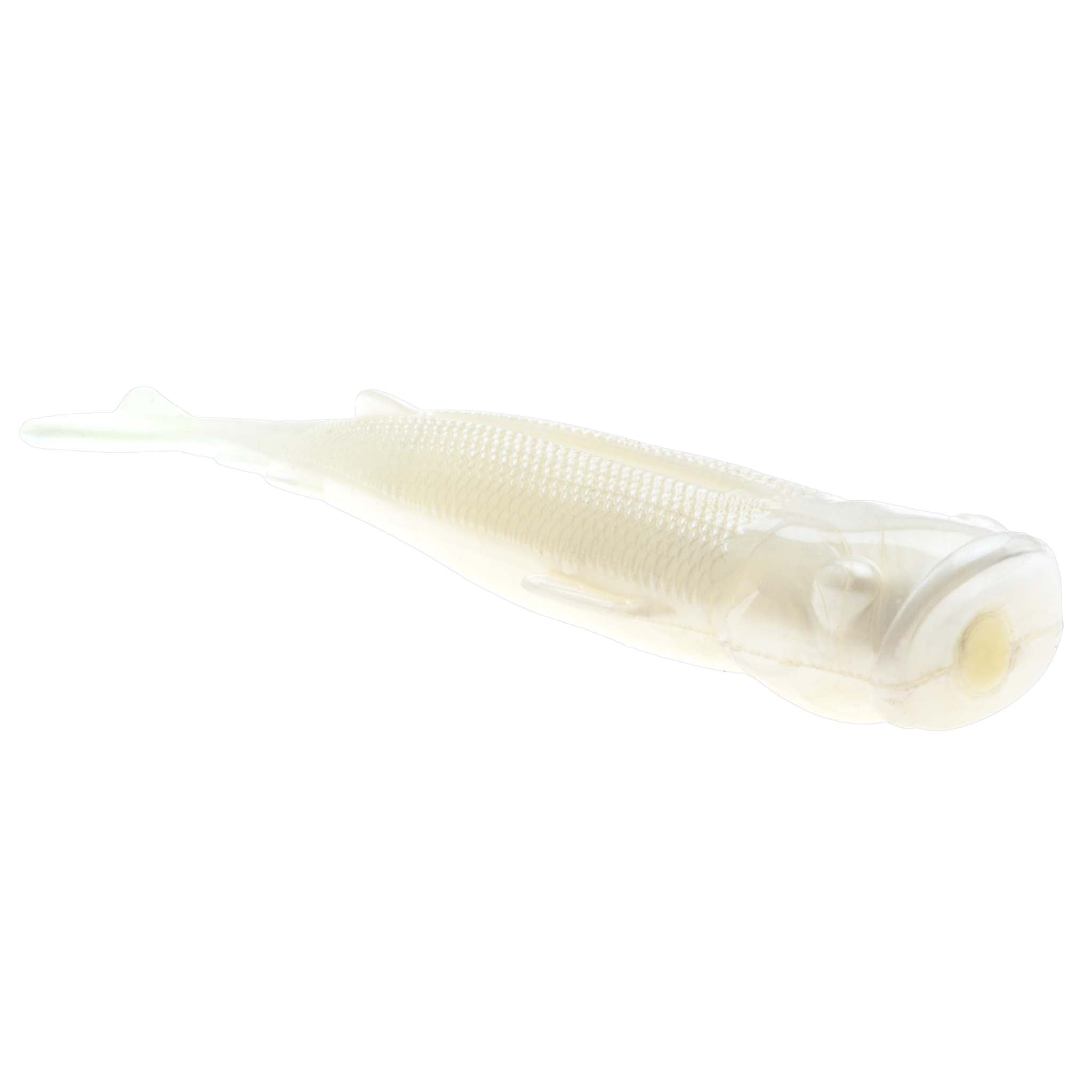 Shad-style fishing lure, translucent light pearl body with pale head and tail