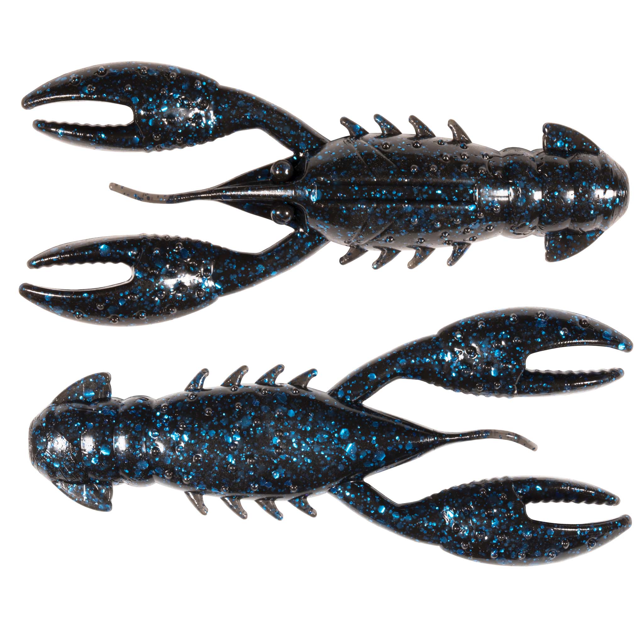 Blue glitter crawfish-style fishing lure set, two craws with long claws