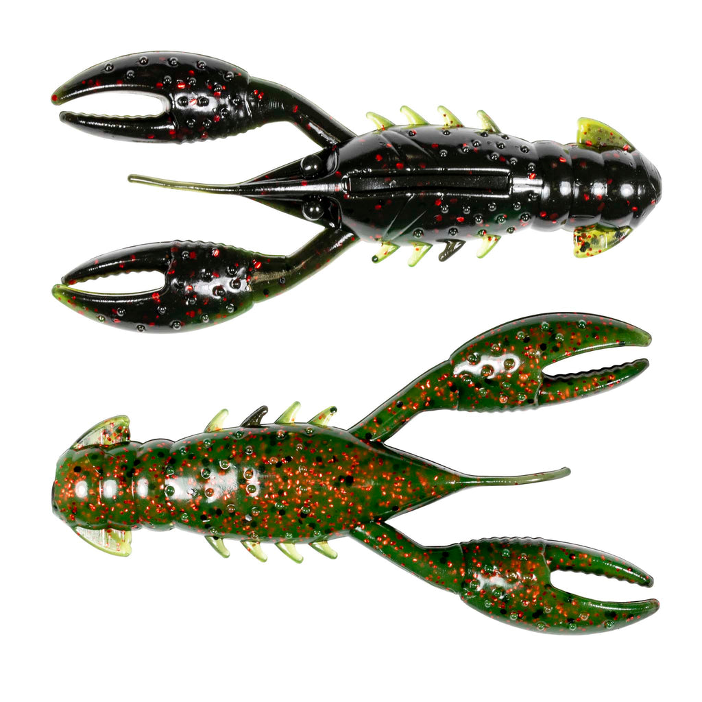 Crawfish-style fishing lure in black with red specks and green with red specks