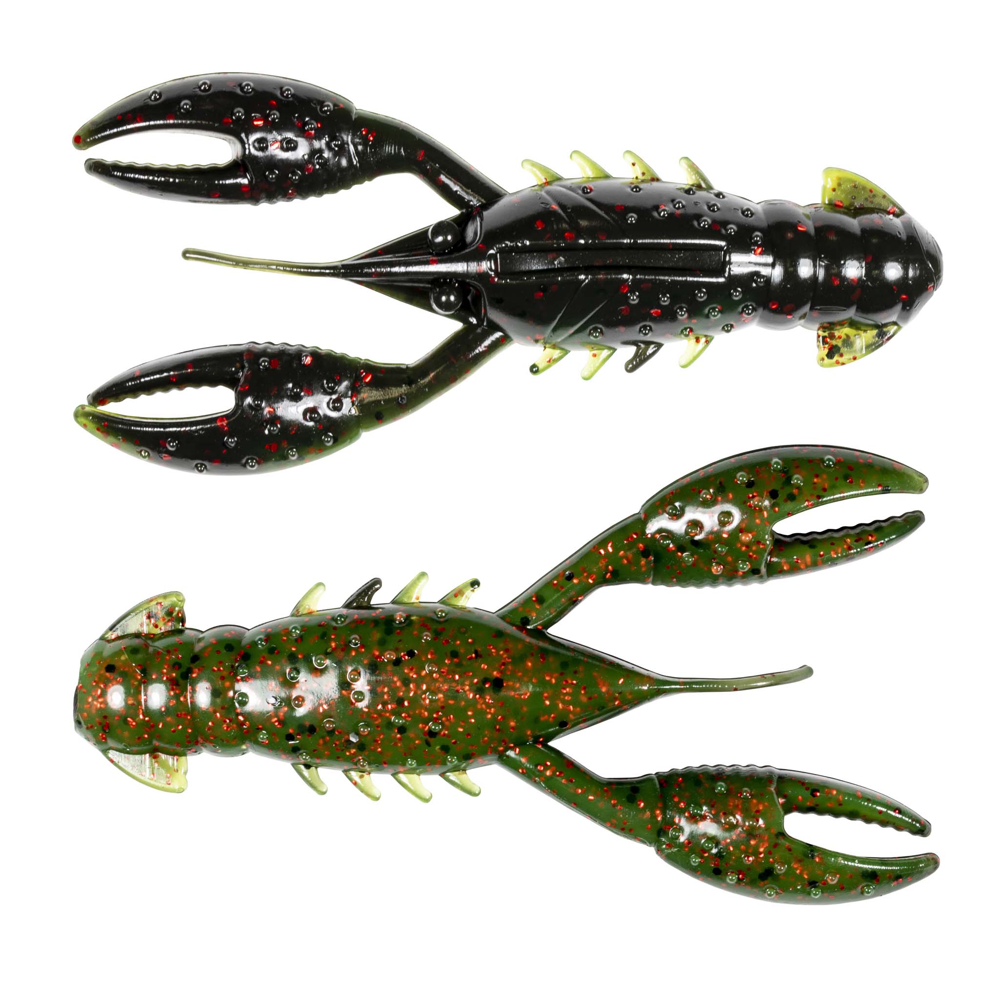 Crawfish-style fishing lure in black with red specks and green with red specks