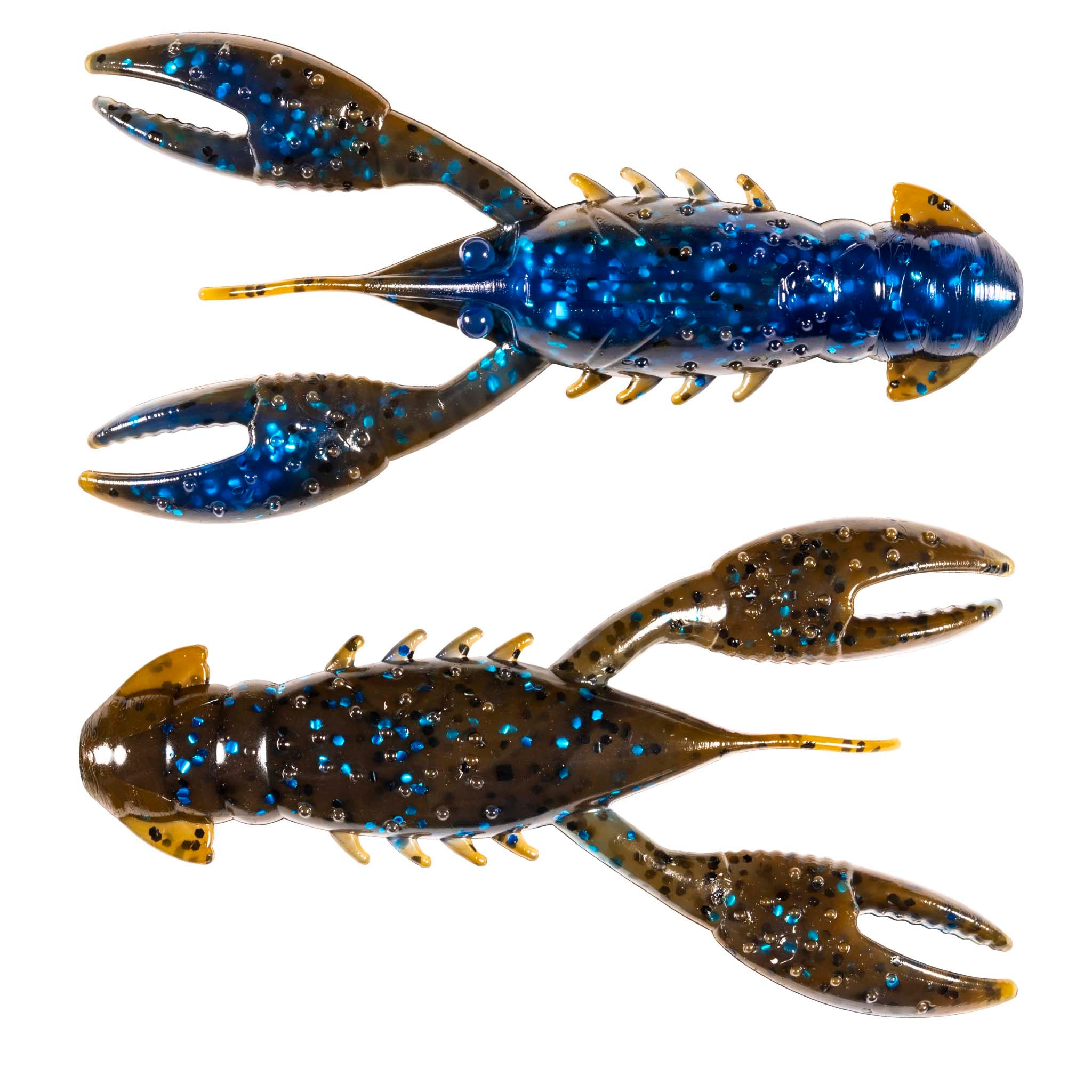 Blue and brown glitter crawfish-style fishing lure set with split claw shapes