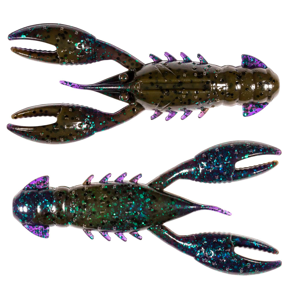 Olive-brown crawfish-style fishing lure with purple highlights and teal glitter