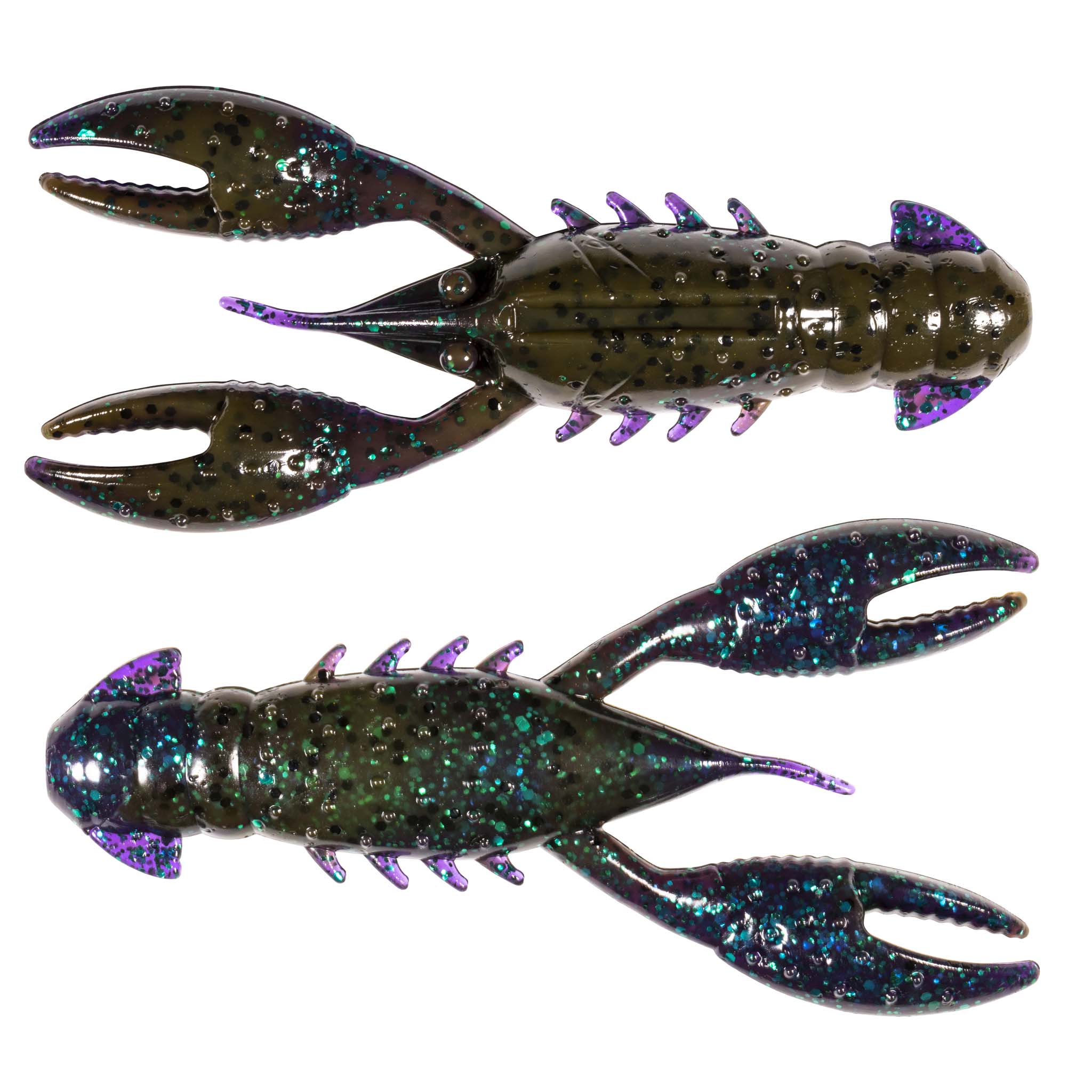 Olive-brown crawfish-style fishing lure with purple highlights and teal glitter