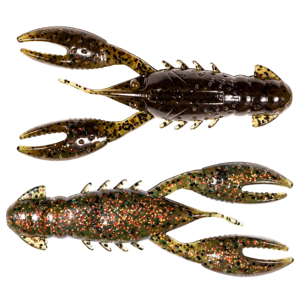 Dark brown speckled crawfish-style fishing lure and bright orange-speckled craw