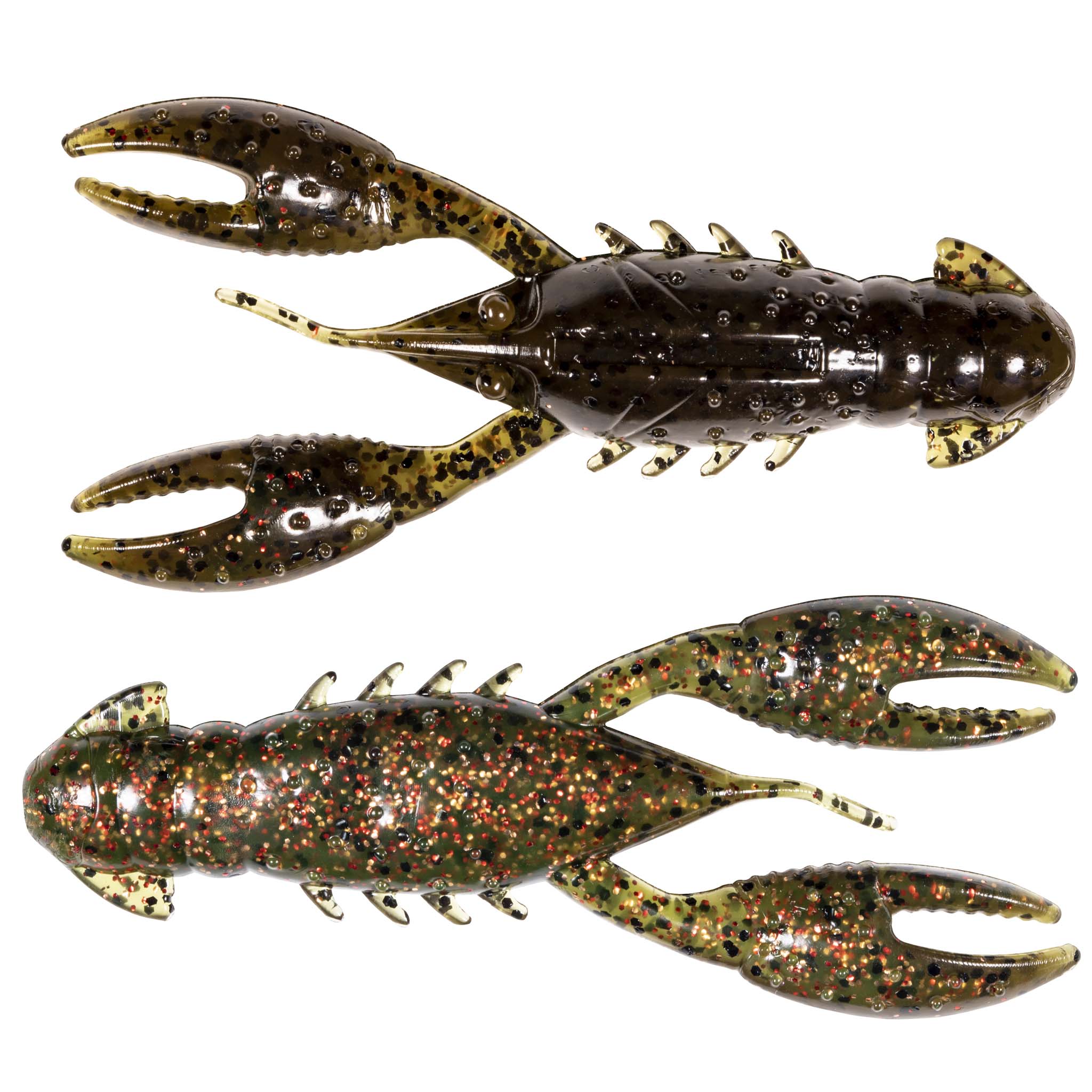 Dark brown speckled crawfish-style fishing lure and bright orange-speckled craw