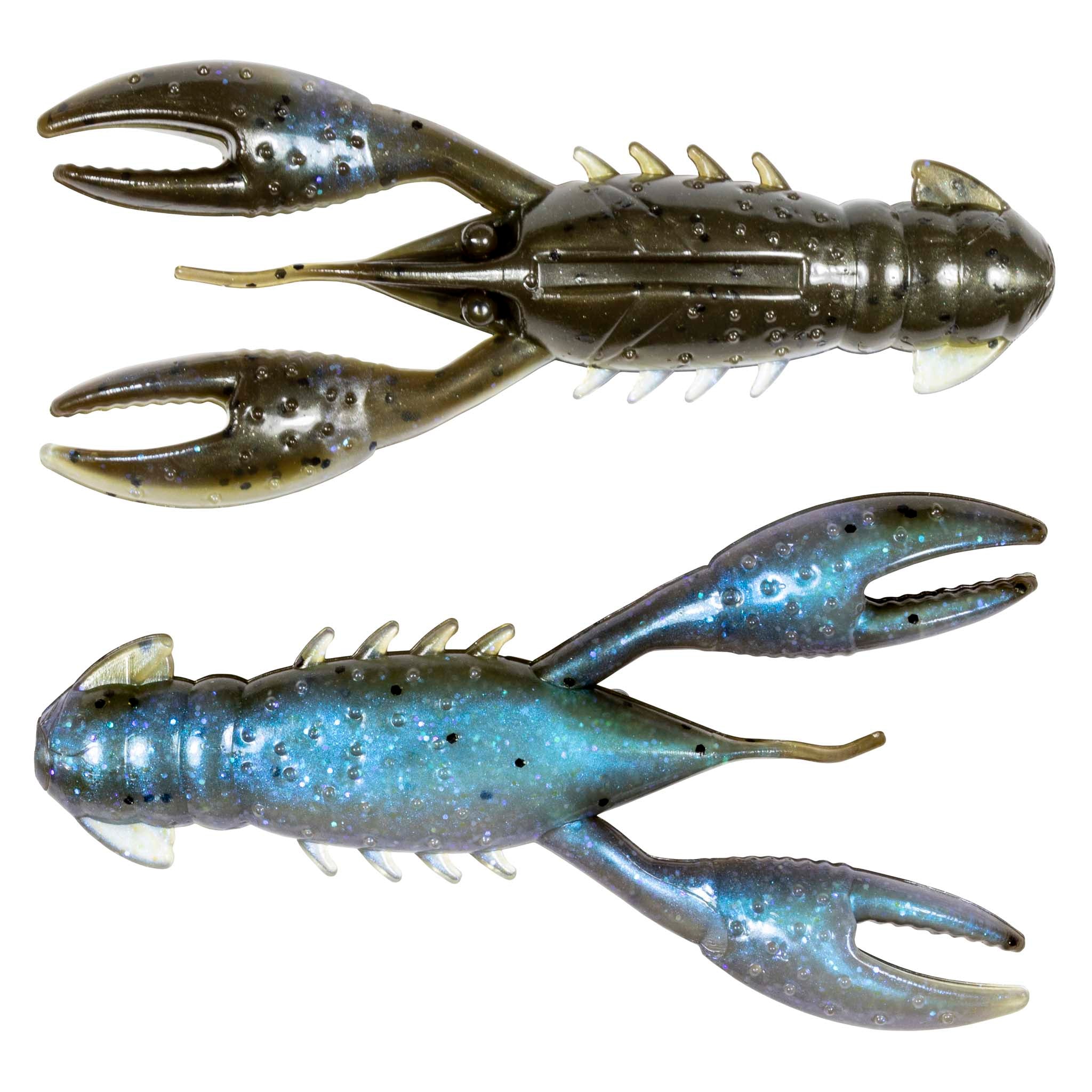 Dark gray-brown and blue crawfish-style fishing lure set with claw legs