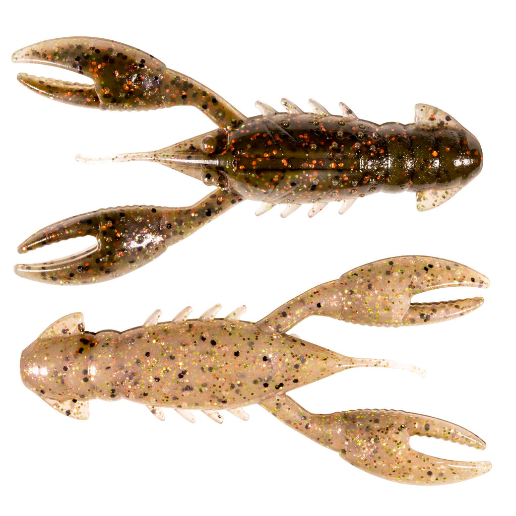 Speckled brown crawfish-style fishing lure and lighter tan-gold craw