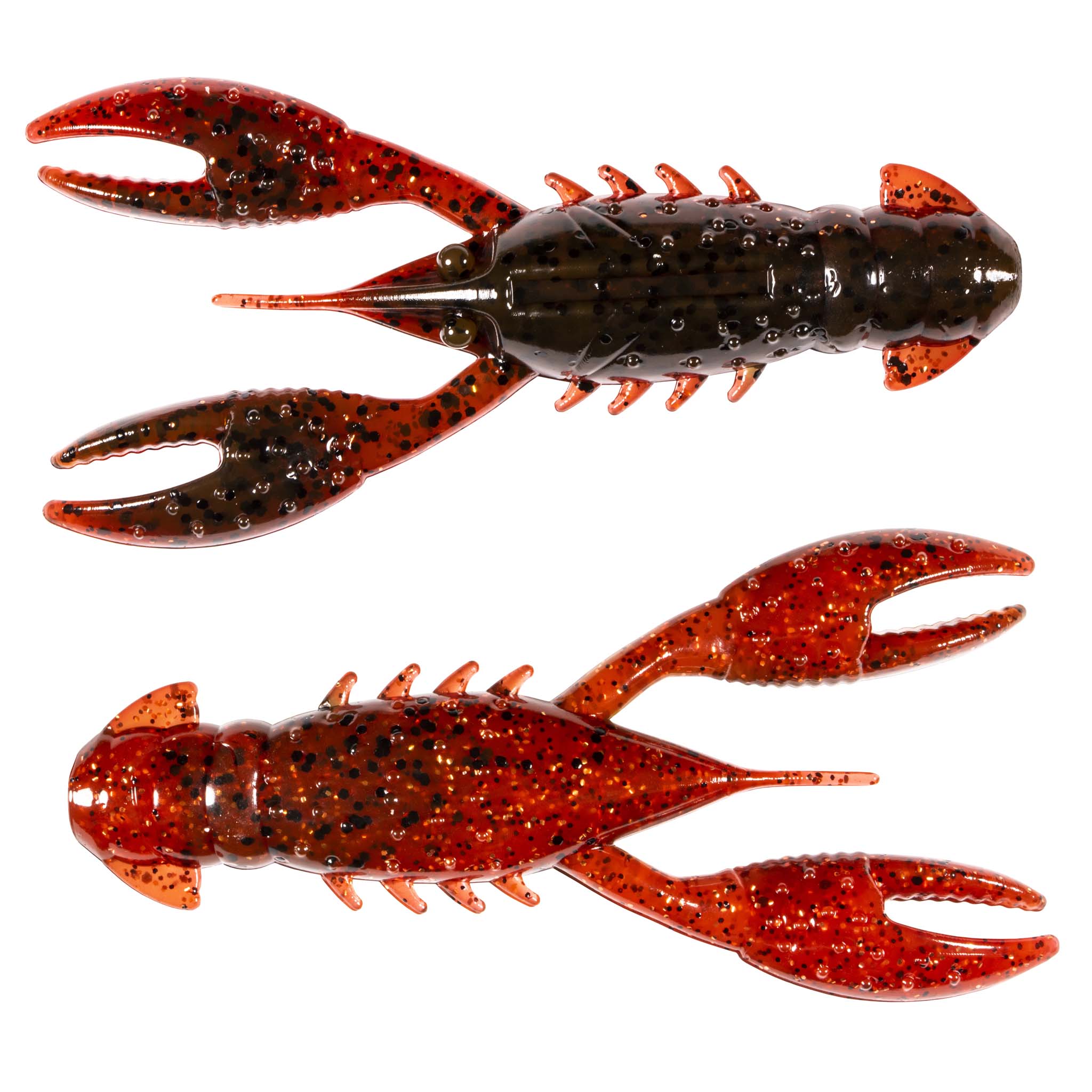 Crawfish-style fishing lure in black with red specks and bright red-orange craw