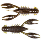 Brown and dark green speckled crawfish-style fishing lure, two-piece view