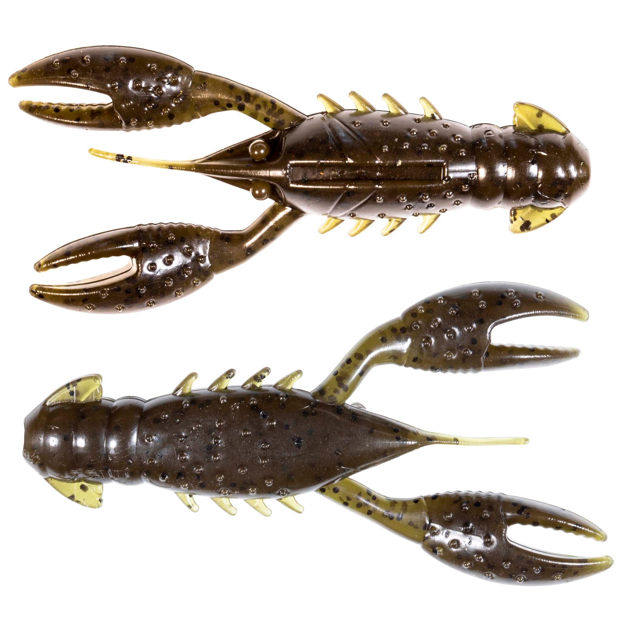 Brown and dark green speckled crawfish-style fishing lure, two-piece view