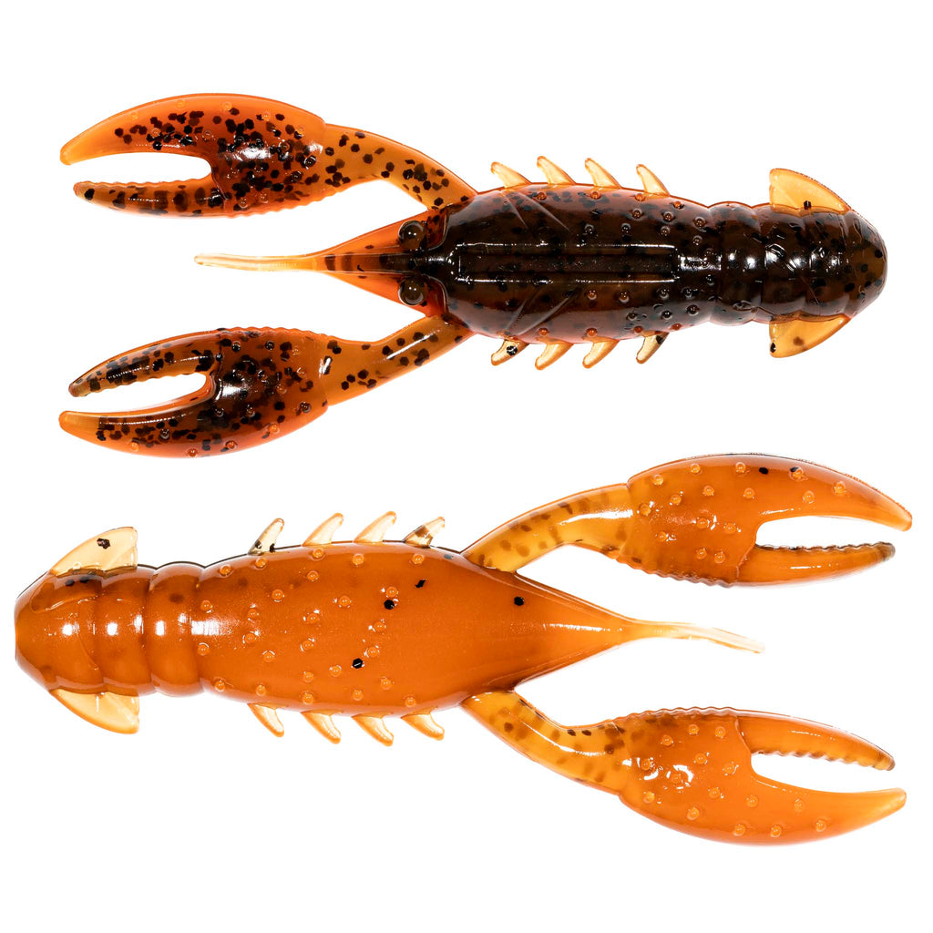 Orange-gold crawfish-style fishing lure set with speckled claws and legs