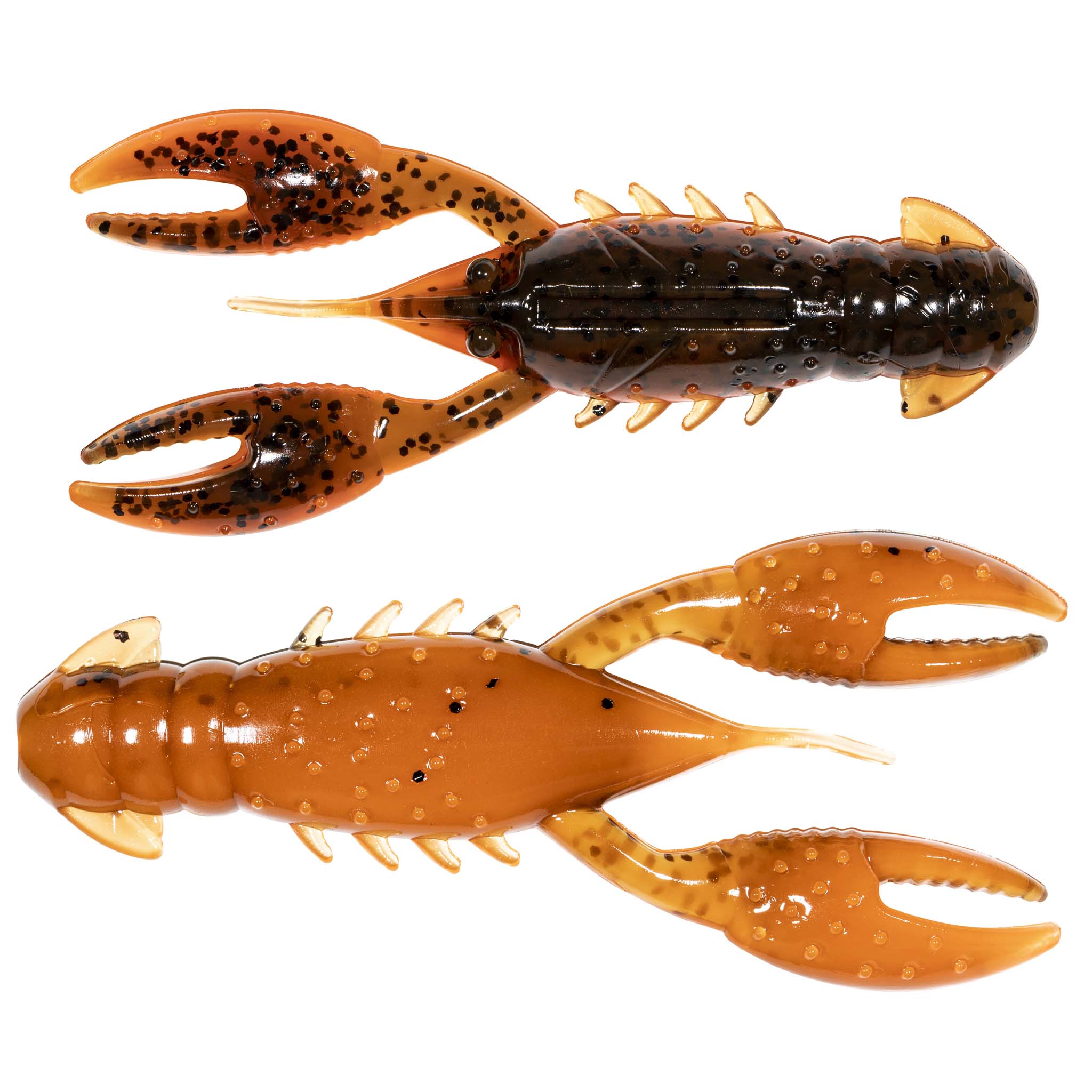 Orange-gold crawfish-style fishing lure set with speckled claws and legs